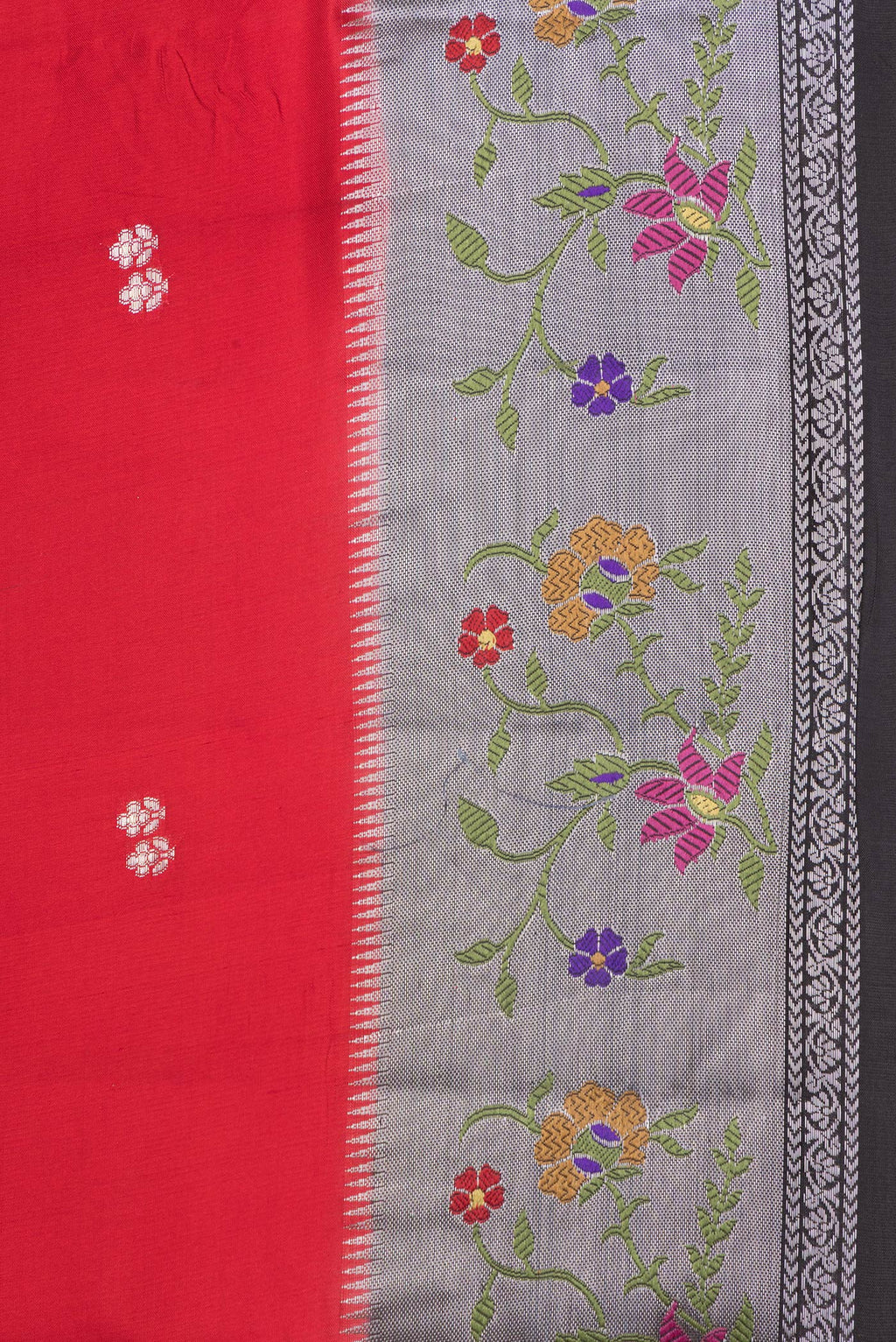 Border image of Red Dual Tone Tussar Silk Saree with Zari Butta on the body and Fancy Border. 
