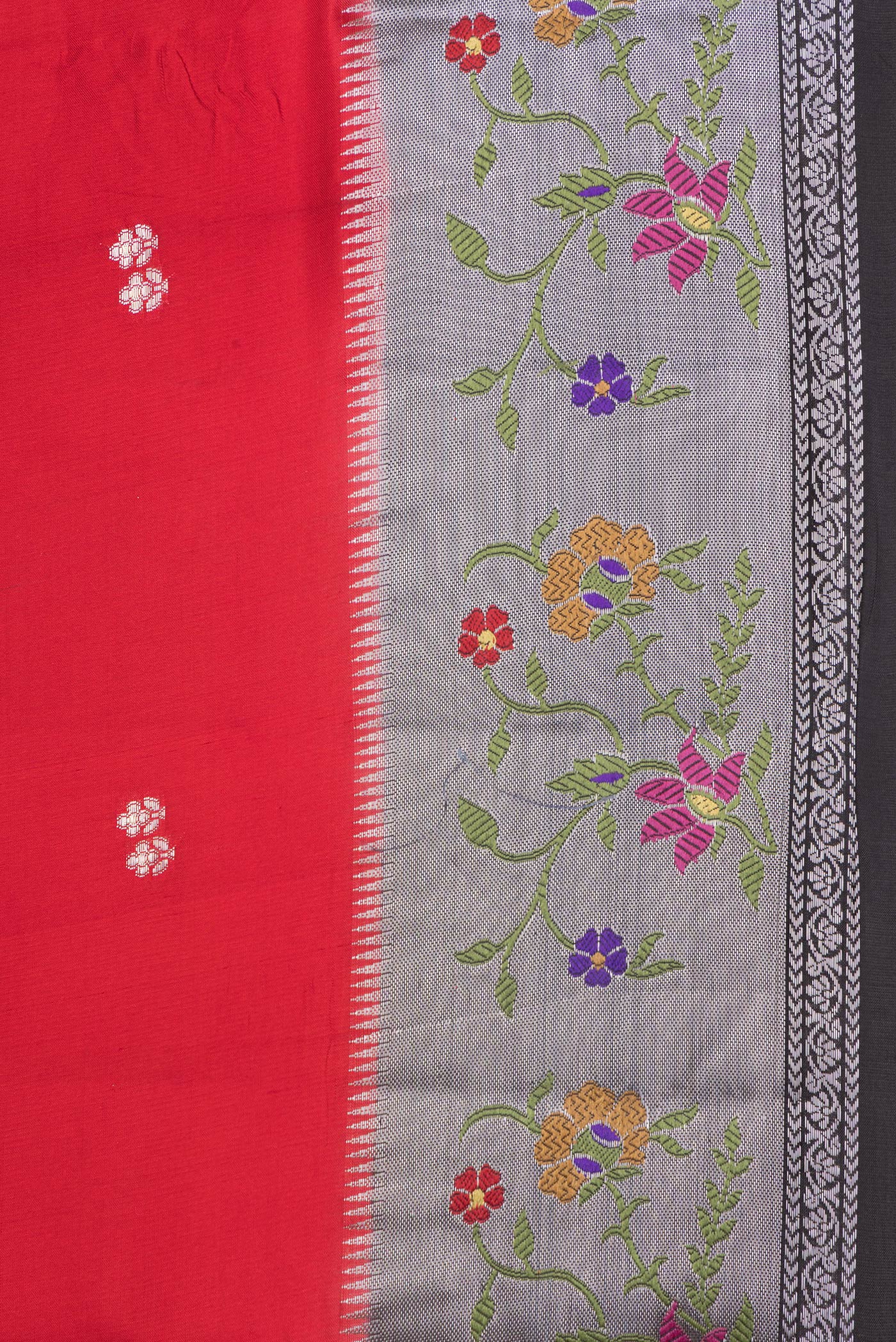 Border image of Red Dual Tone Tussar Silk Saree with Zari Butta on the body and Fancy Border. 