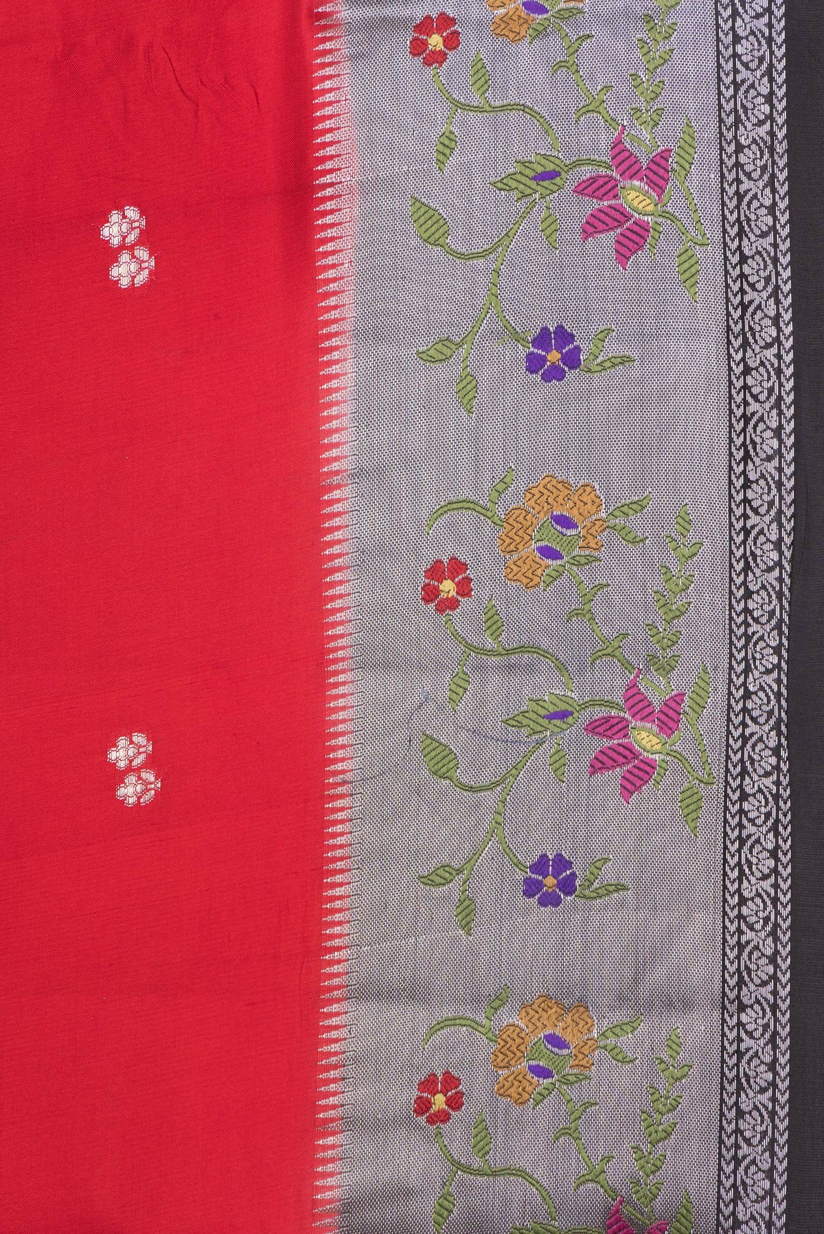 Border image of Red Dual Tone Tussar Silk Saree with Zari Butta on the body and Fancy Border. 