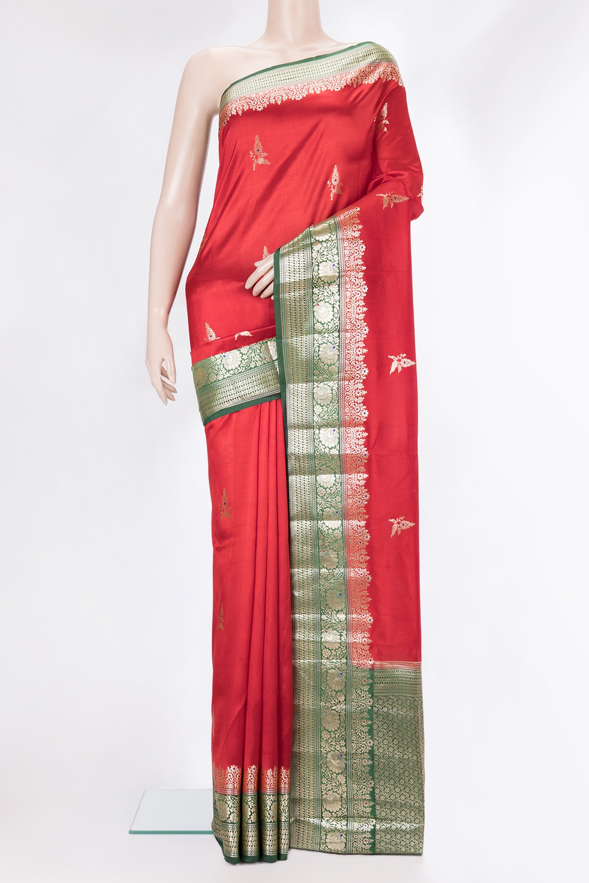 Pure Silk Maroon Dual Tone Tussar Saree with Zari Butta on the body and Fancy Border.  displayed on a mannequin