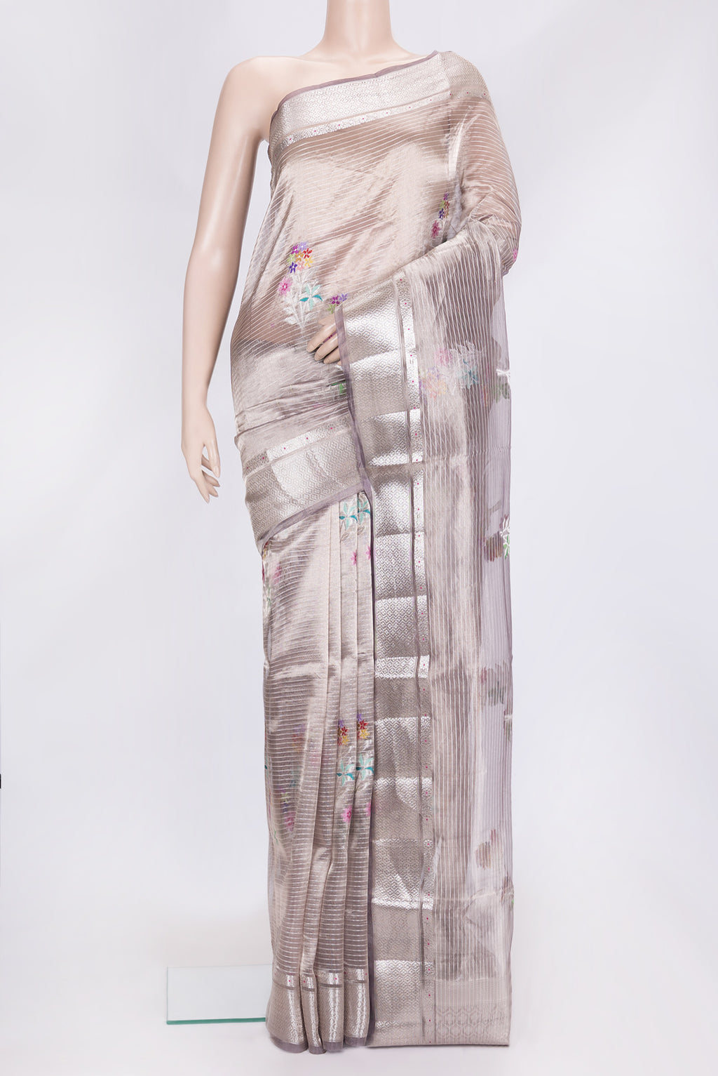 Purple Dual Tone Organza Silk Saree with Zari Brocade on the body and Zari Border.  displayed on a mannequin