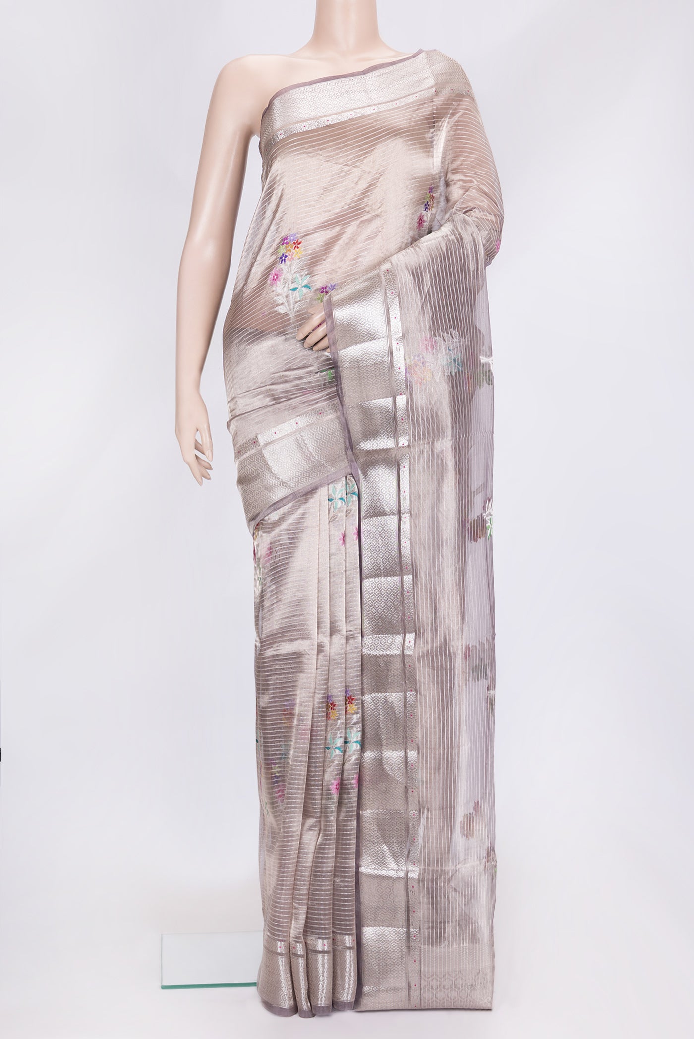 Purple Dual Tone Organza Silk Saree with Zari Brocade on the body and Zari Border.  displayed on a mannequin