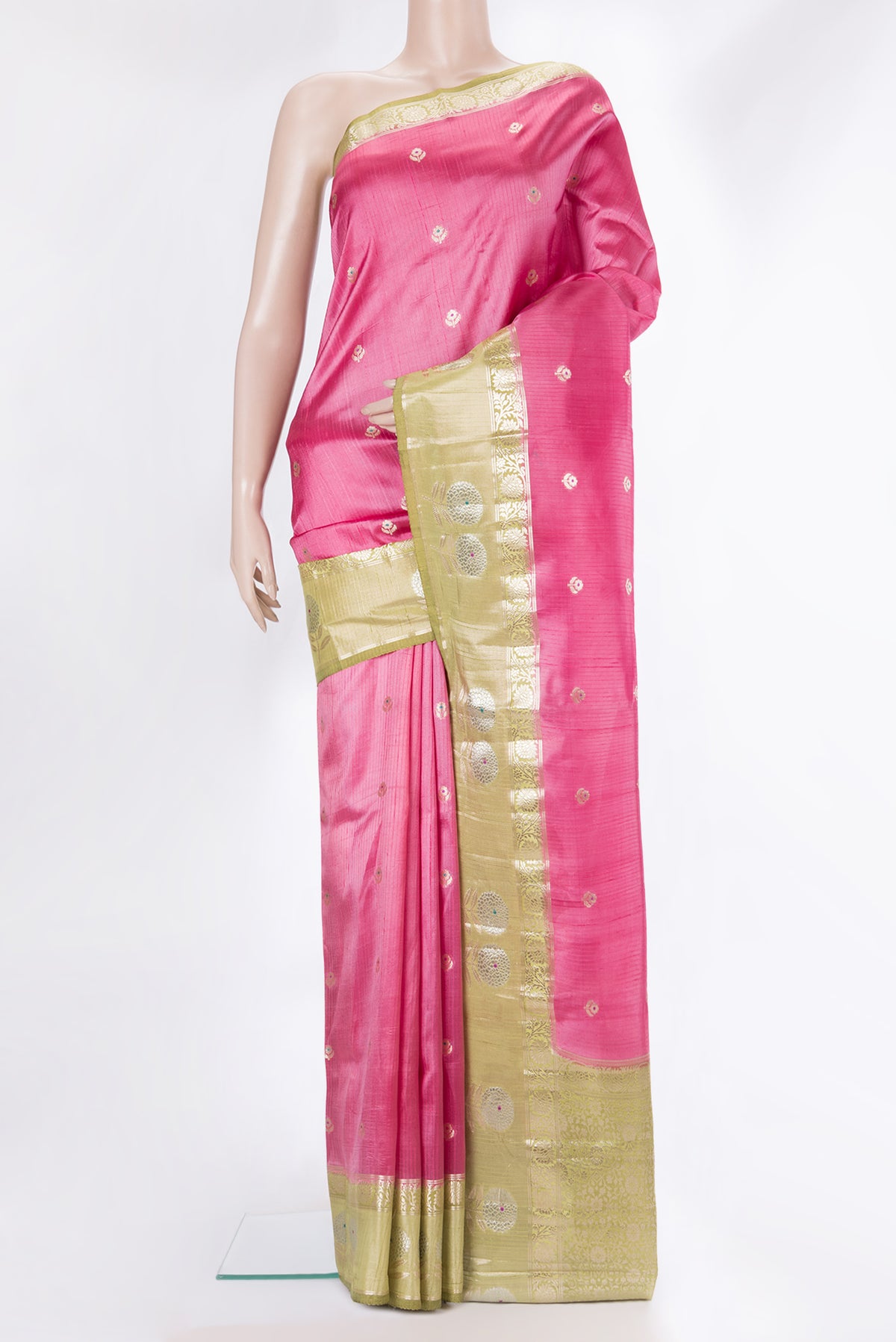 Pure Silk Pink Dual Tone Tussar Saree with Zari Butta on the body and Fancy Border.  displayed on a mannequin