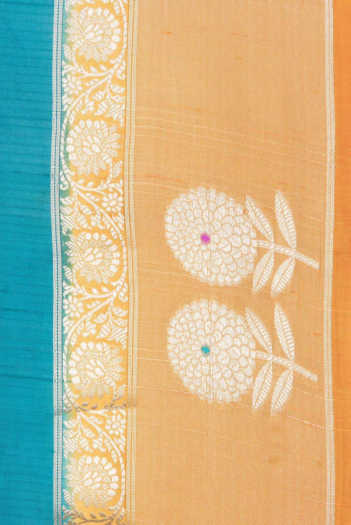 Border image of Pure Silk Peacock Blue Dual Tone Tussar Saree with Zari Butta on the body and Fancy Border. 