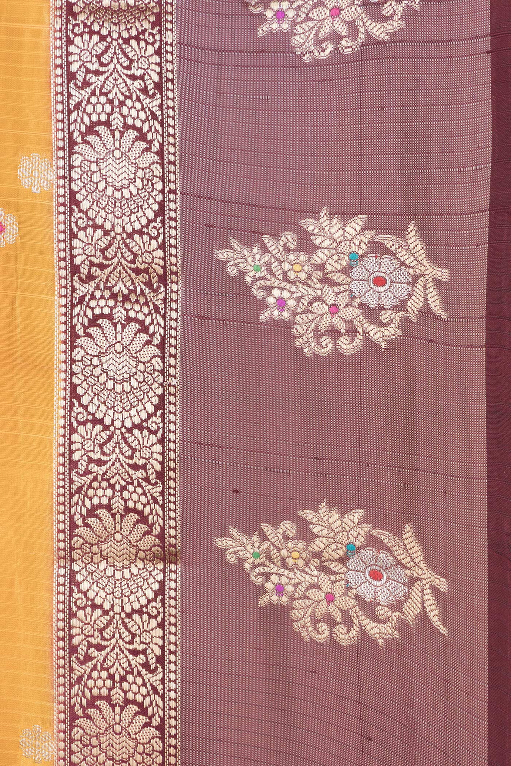 Border image of Mustard Dual Tone Tussar Silk Saree with Zari Butta on the body and Fancy Border. 