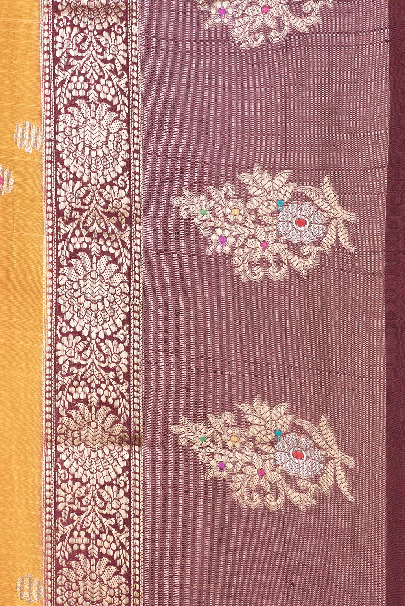 Border image of Mustard Dual Tone Tussar Silk Saree with Zari Butta on the body and Fancy Border. 
