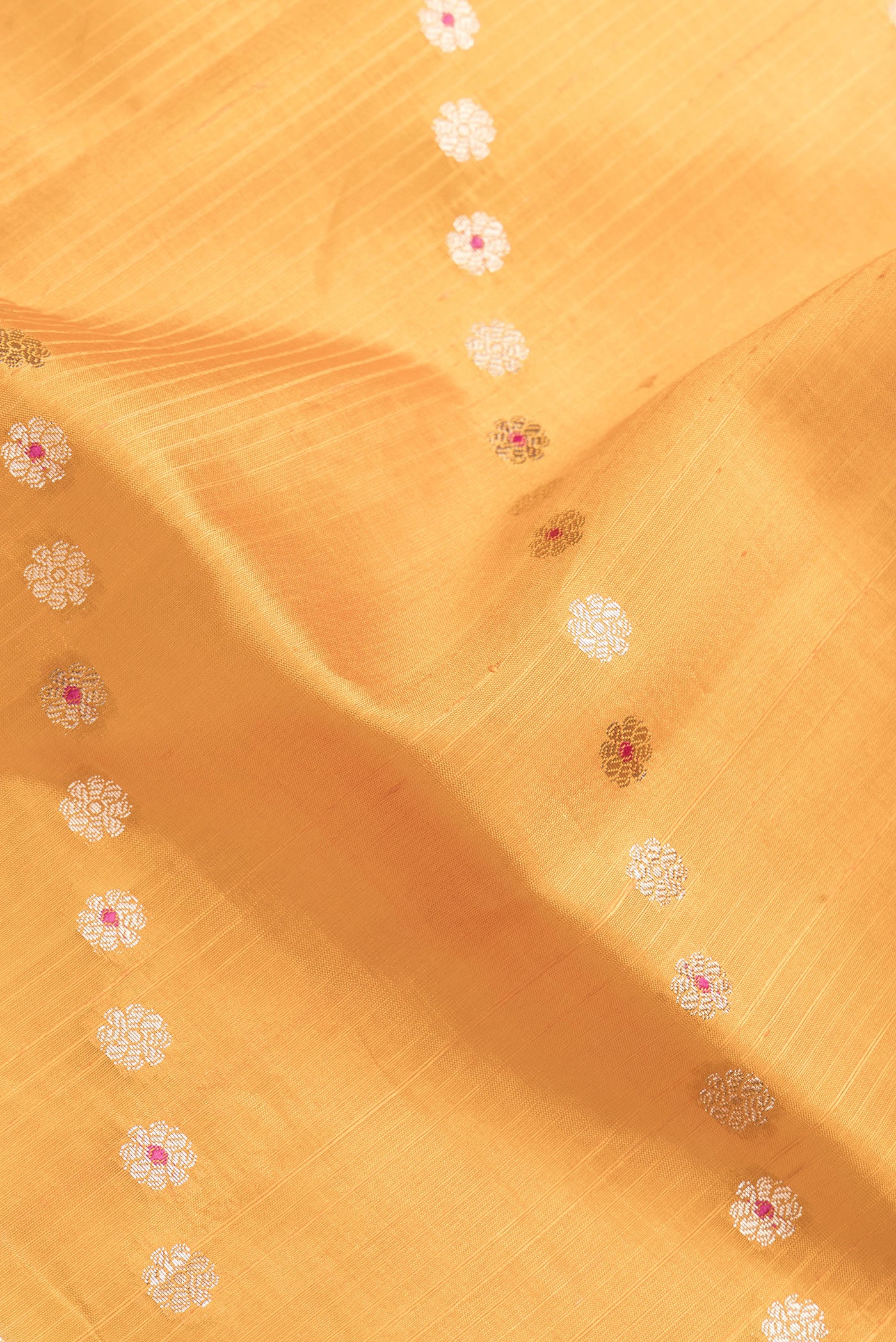 Close up of Mustard Dual Tone Tussar Silk Saree with Zari Butta on the body and Fancy Border.  displaying folds