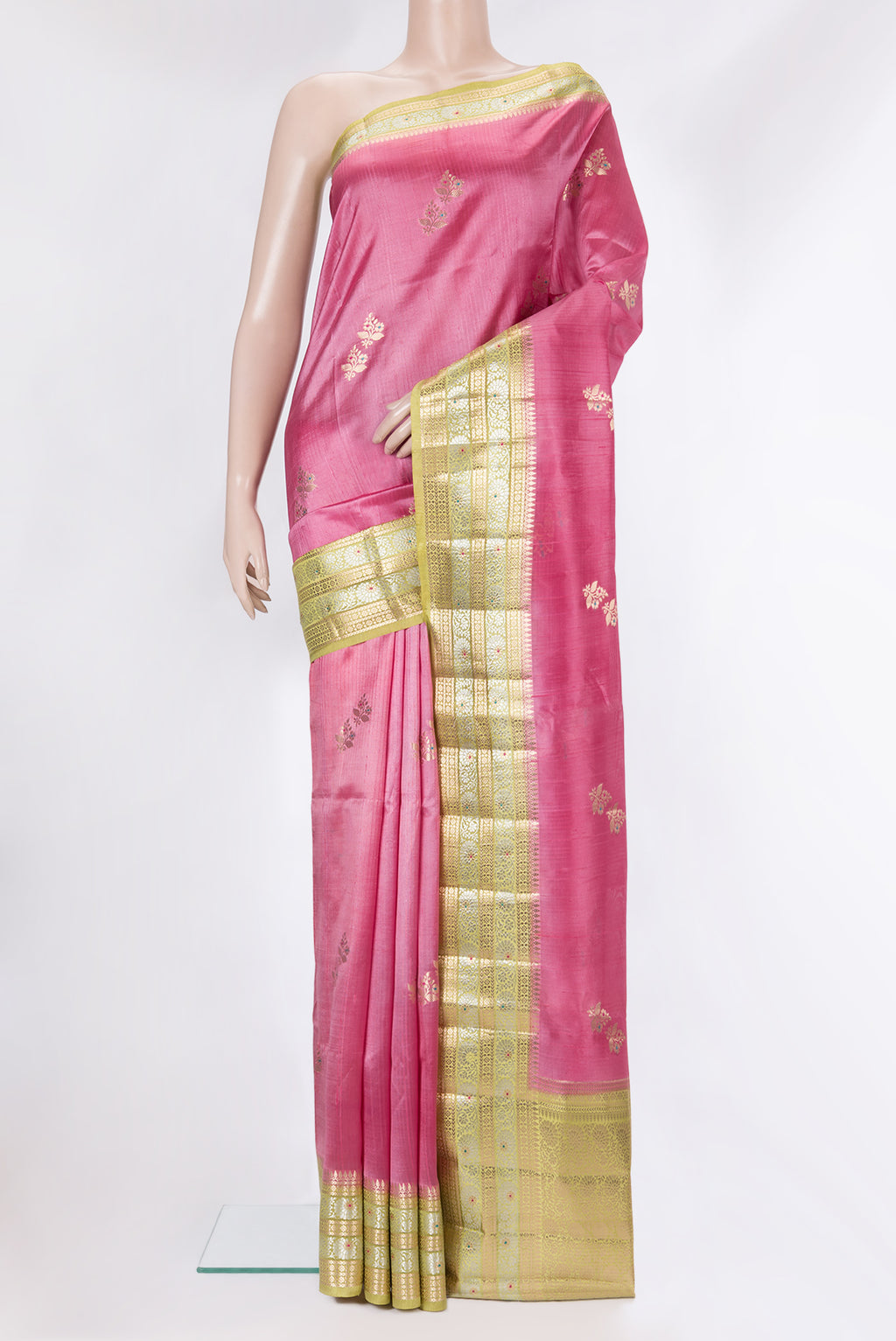 Pure Silk Rose pink Dual Tone Tussar Saree with Zari Butta on the body and Fancy Border.  displayed on a mannequin