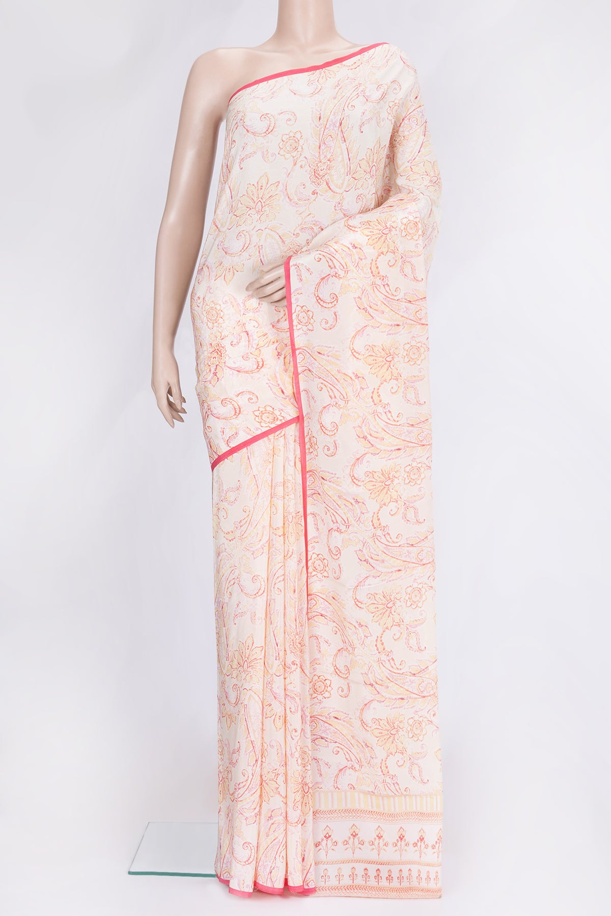 Sandal Dual Tone Mysore Crepe Saree with Printed design on the body and Without Border.  displayed on a mannequin