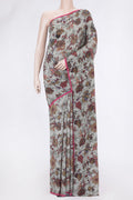 Grey Dual Tone Mysore Crepe Saree with Printed design on the body and Plain Border.  displayed on a mannequin
