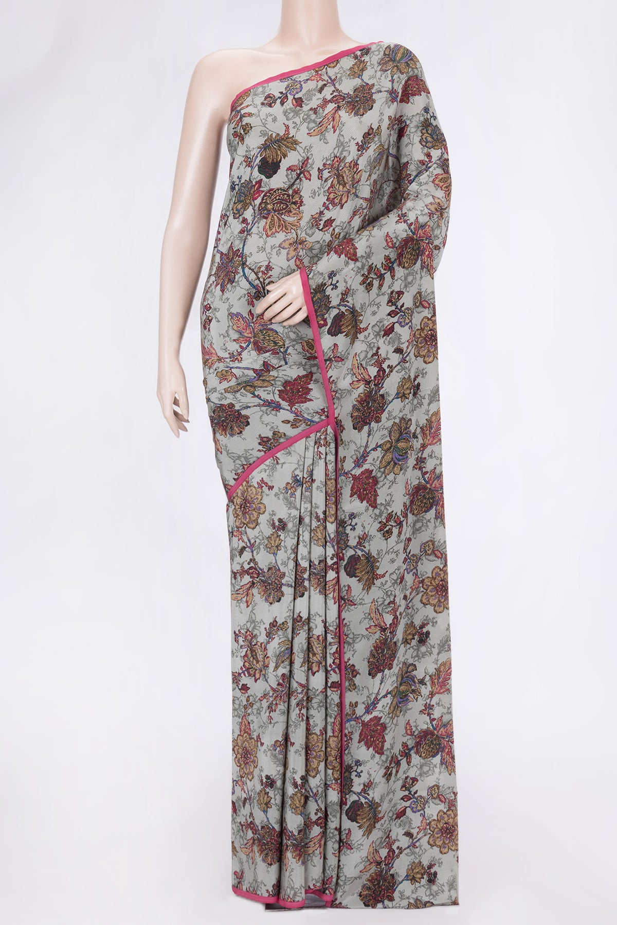 Grey Dual Tone Mysore Crepe Saree with Printed design on the body and Plain Border.  displayed on a mannequin