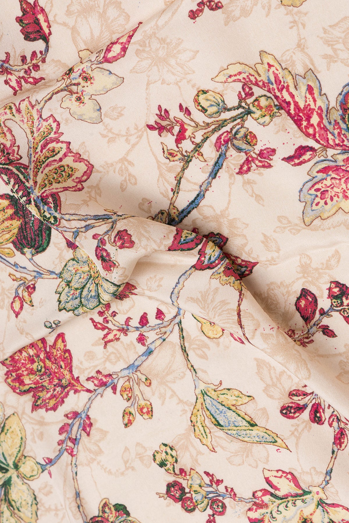 Close up of Beige Mysore Crepe Saree with Printed design on the body and Plain Border.  displaying folds