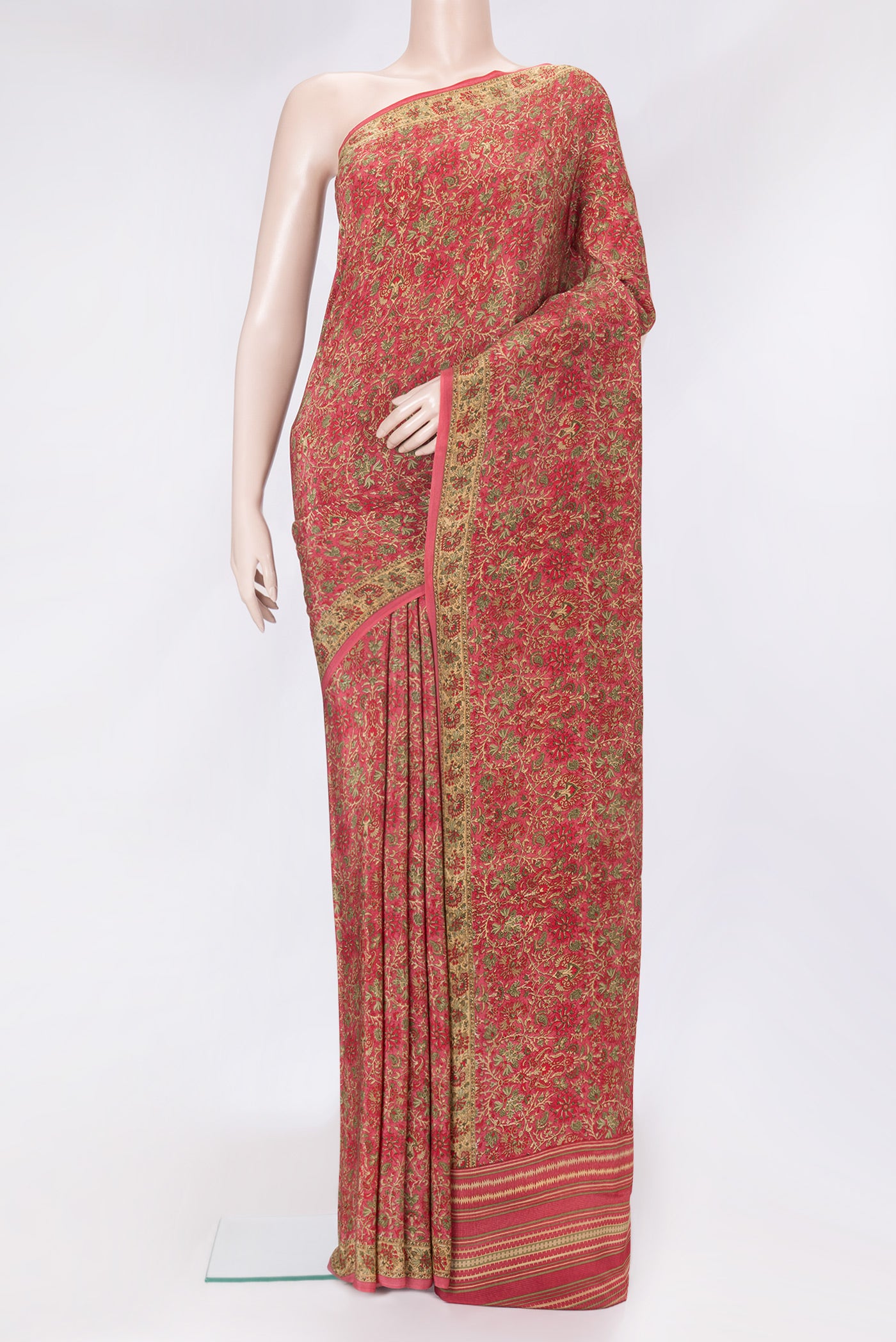 Pink Dual Tone Mysore Crepe Saree with Printed design on the body and Printed Border.  displayed on a mannequin