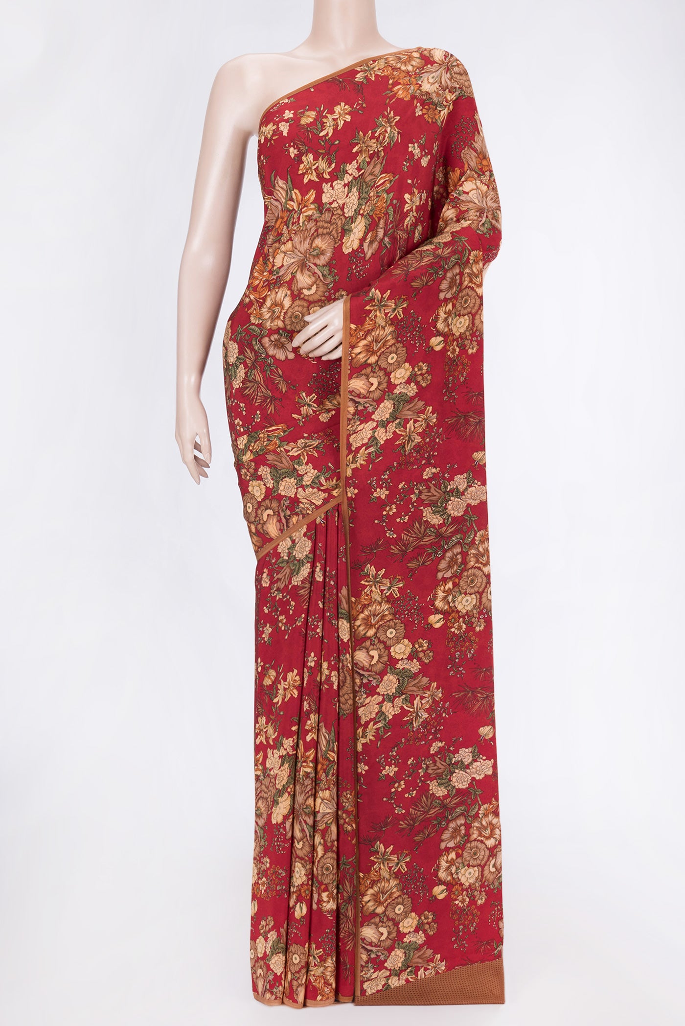 Red Dual Tone Mysore Crepe Saree with Printed design on the body and Plain Border.  displayed on a mannequin