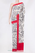 Off White Dual Tone Crepe Saree with Printed design on the body and Printed Border.  displayed on a mannequin
