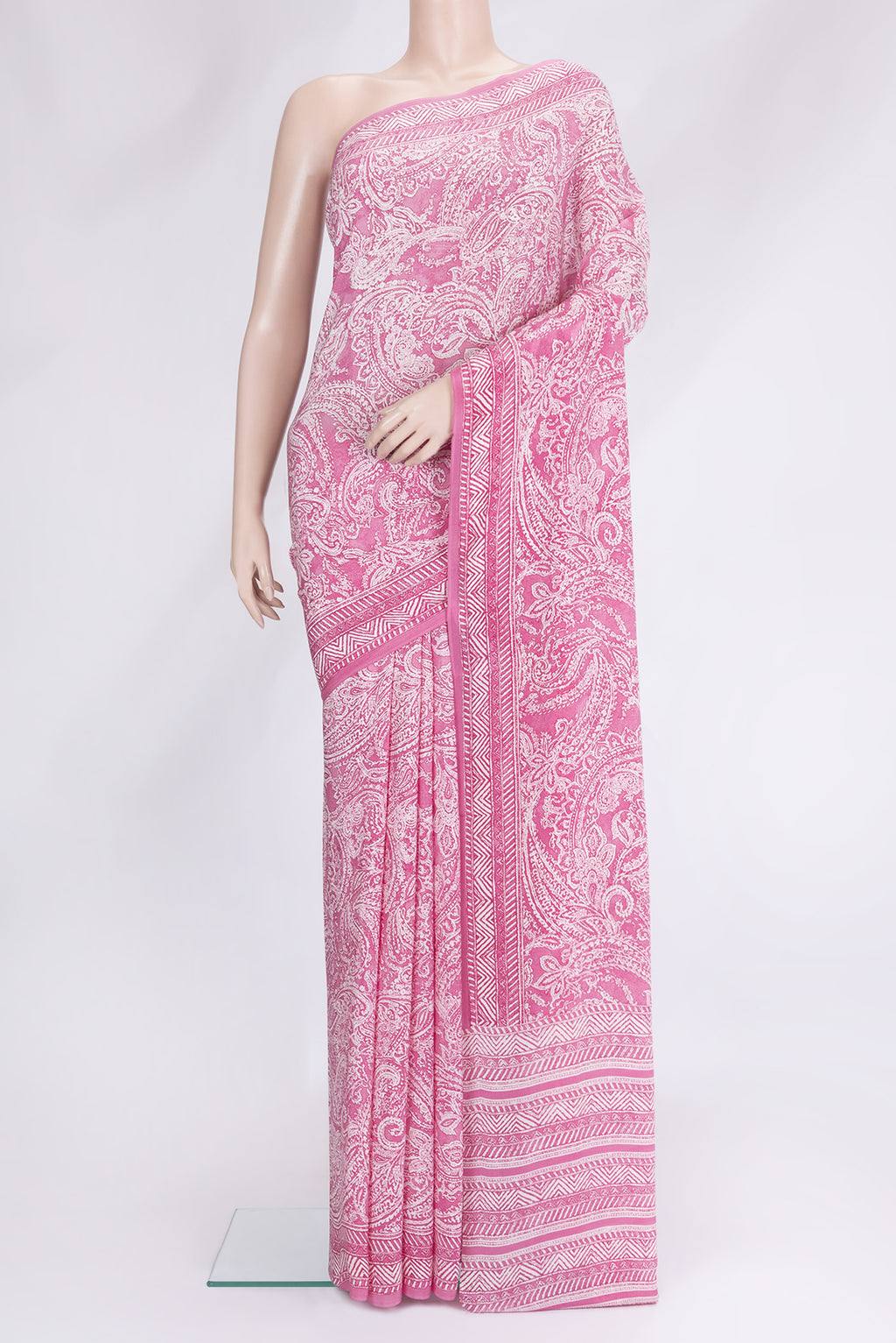 Pink Dual Tone Mysore Crepe Saree with Printed design on the body and Without Border.  displayed on a mannequin