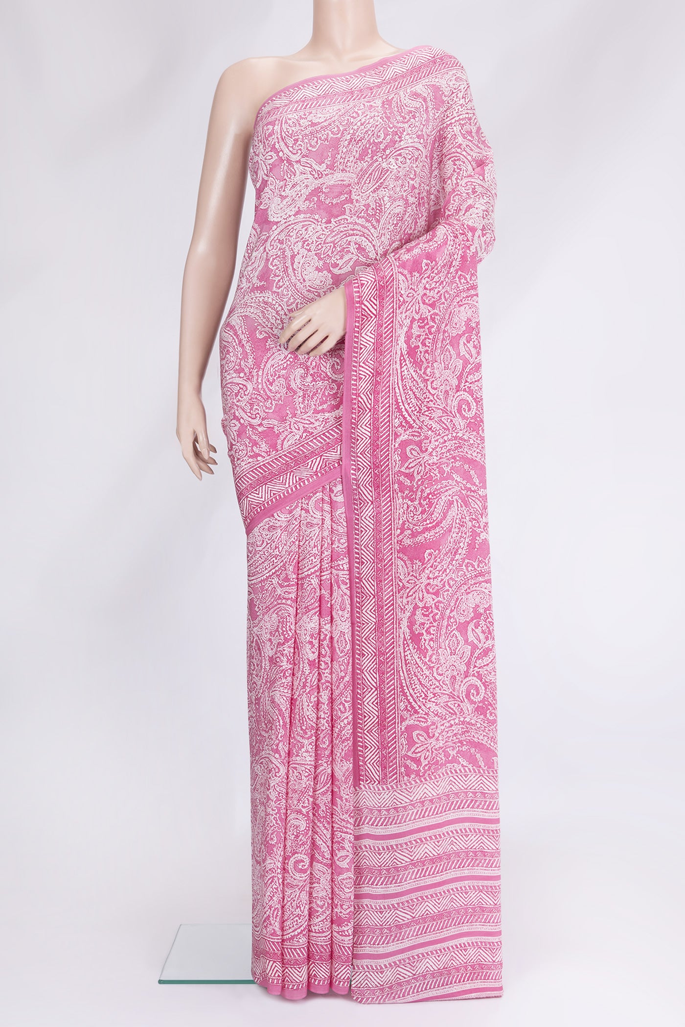 Pink Dual Tone Mysore Crepe Saree with Printed design on the body and Without Border.  displayed on a mannequin