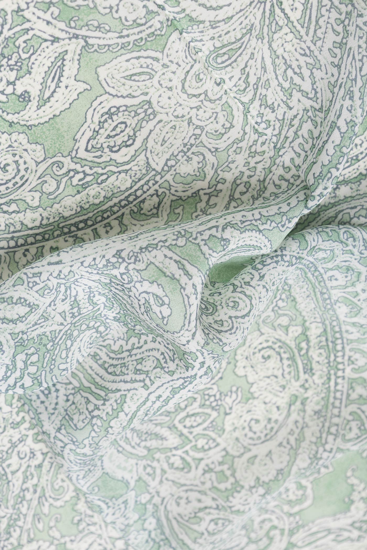 Close up of Pista Green Dual Tone Mysore Crepe Saree with Printed design on the body and Printed Border.  displaying folds
