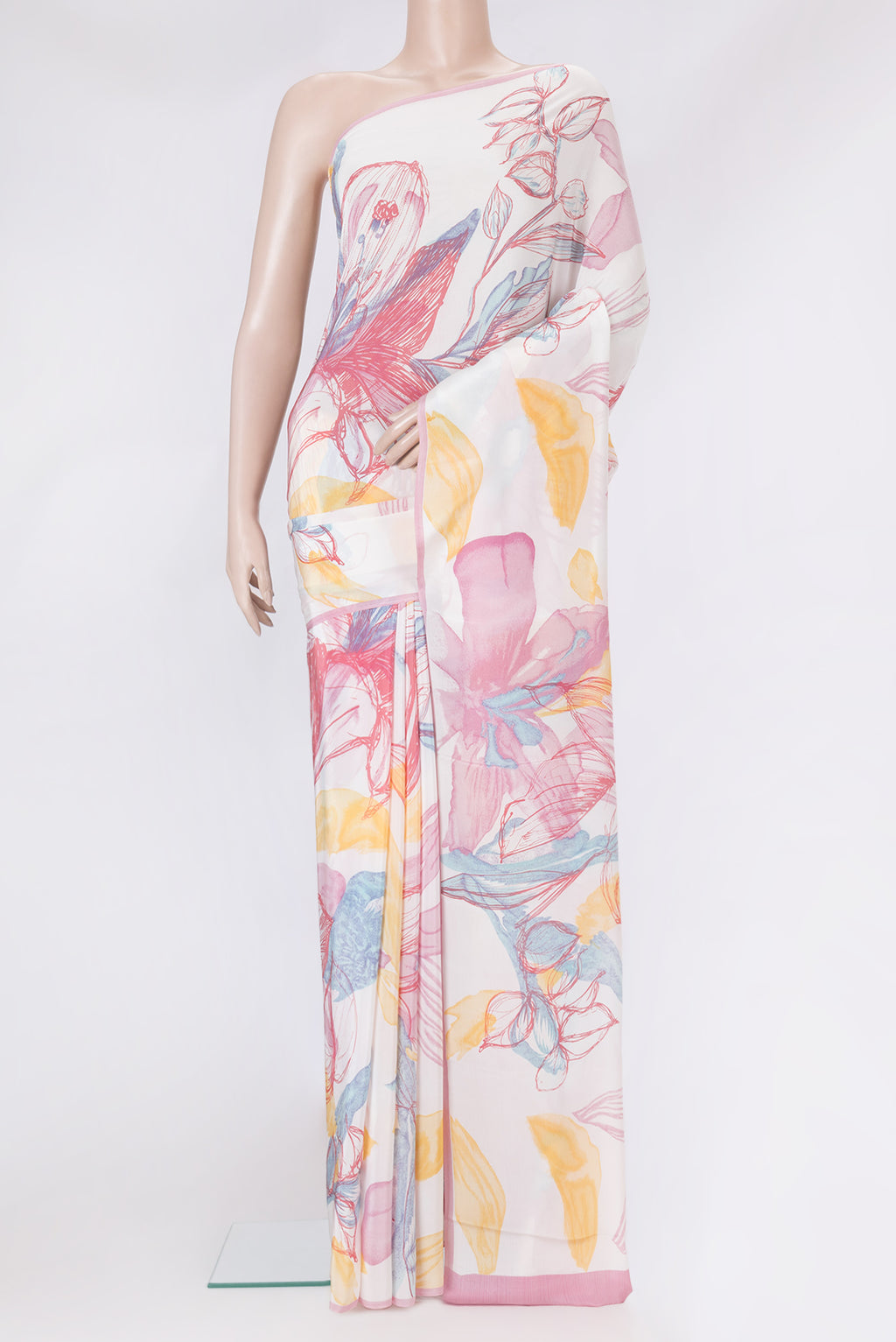 Off White Dual Tone Crepe Saree with Printed design on the body and Without Border.  displayed on a mannequin