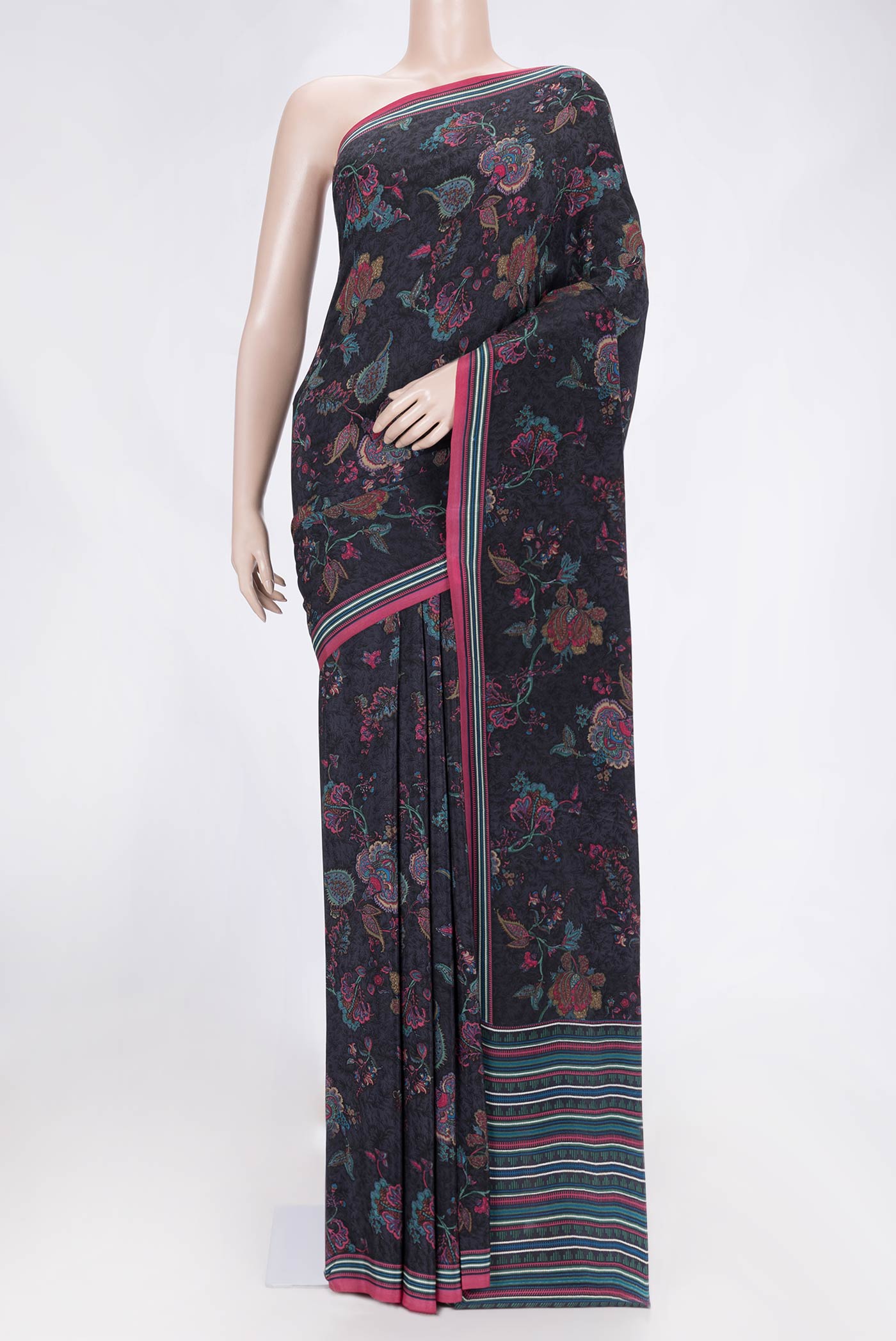 Grey Dual Tone Mysore Crepe Saree with Printed design on the body and Printed Border.  displayed on a mannequin
