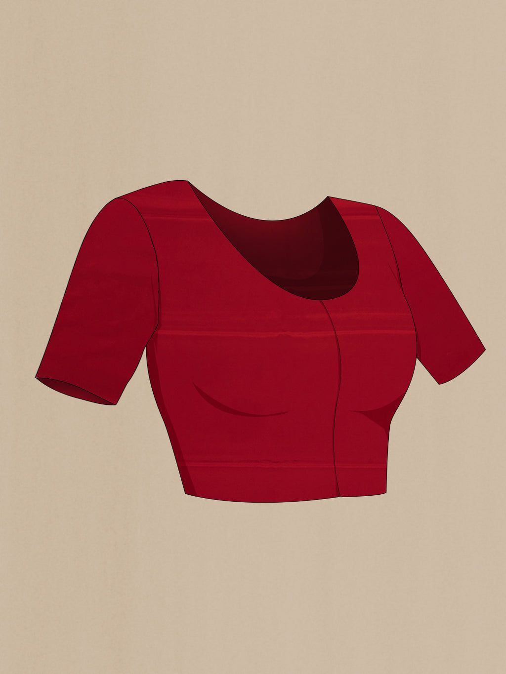 Close up image of the blouse of Red Crepe Saree with Printed design on the body and Plain Border. 