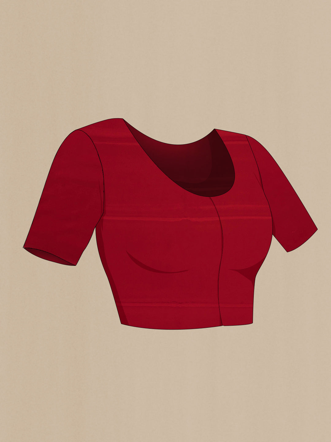 Close up image of the blouse of Red Crepe Saree with Printed design on the body and Plain Border. 