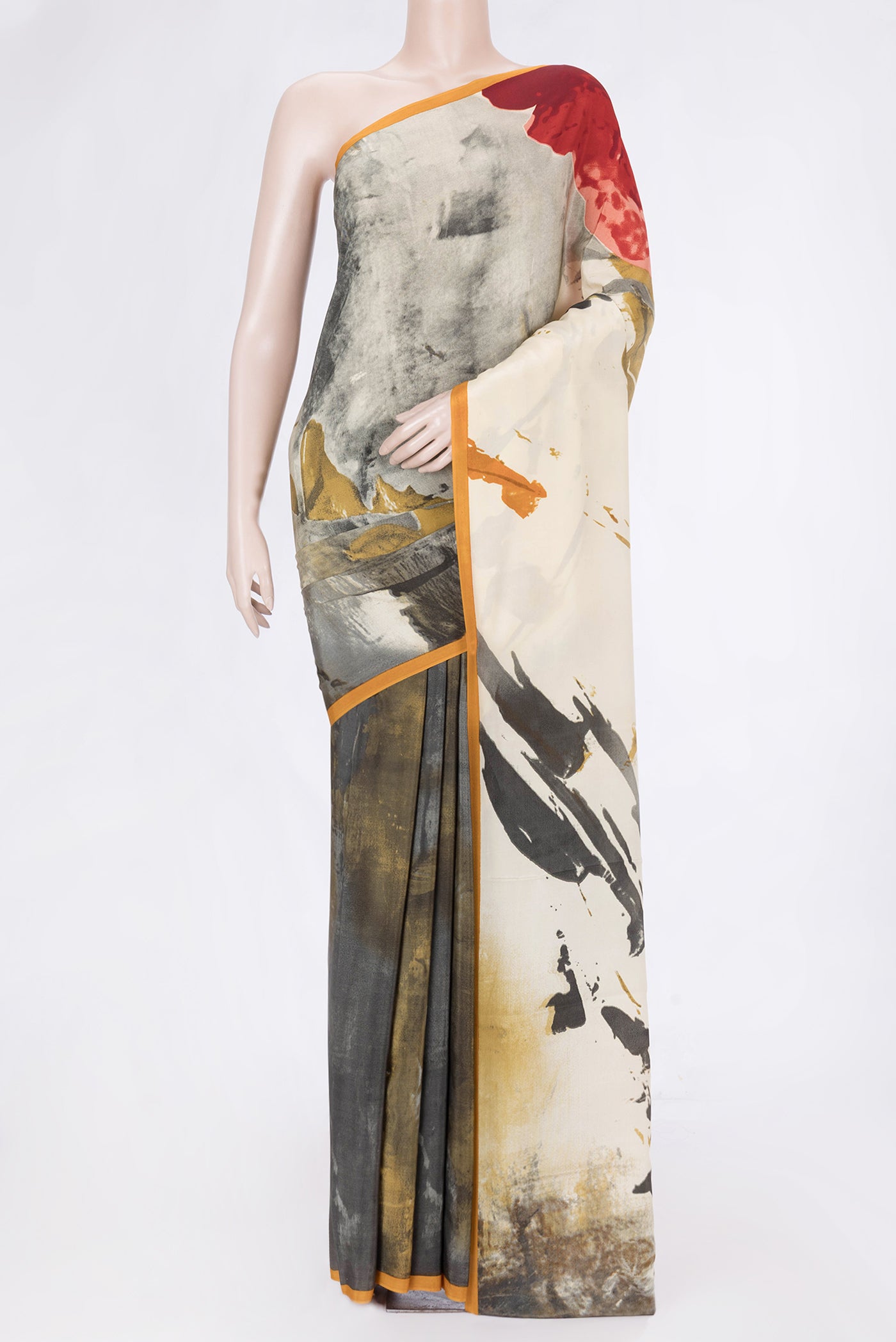Grey Dual Tone Mysore Crepe Saree with Printed design on the body and Plain Border.  displayed on a mannequin