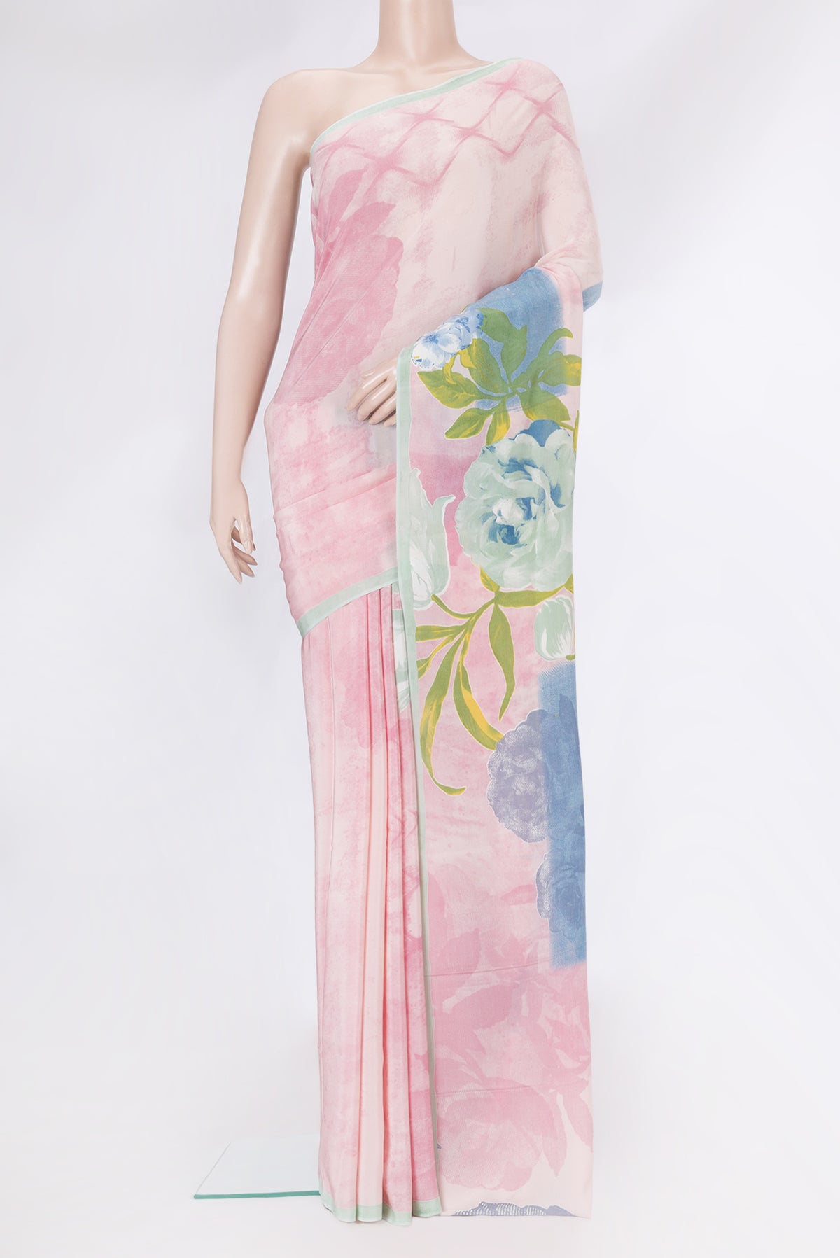 Pink Dual Tone Mysore Crepe Saree with Printed design on the body and Plain Border.  displayed on a mannequin