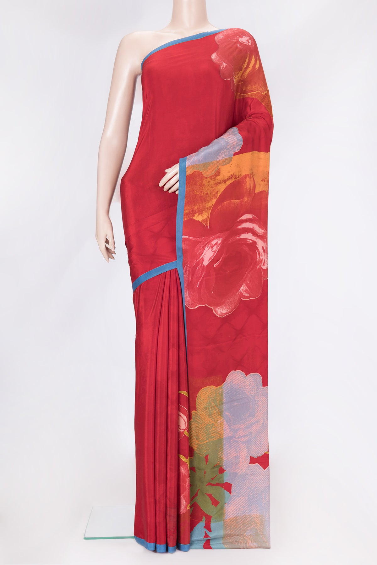 Red Dual Tone Mysore Crepe Saree with Printed design on the body and Plain Border.  displayed on a mannequin