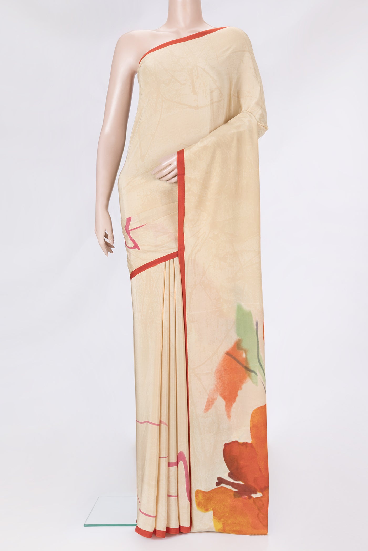 Sandal Dual Tone Mysore Crepe Saree with Printed design on the body and Plain Border.  displayed on a mannequin