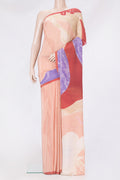 Peach Crepe Saree with Printed design on the body and Plain Border.  displayed on a mannequin