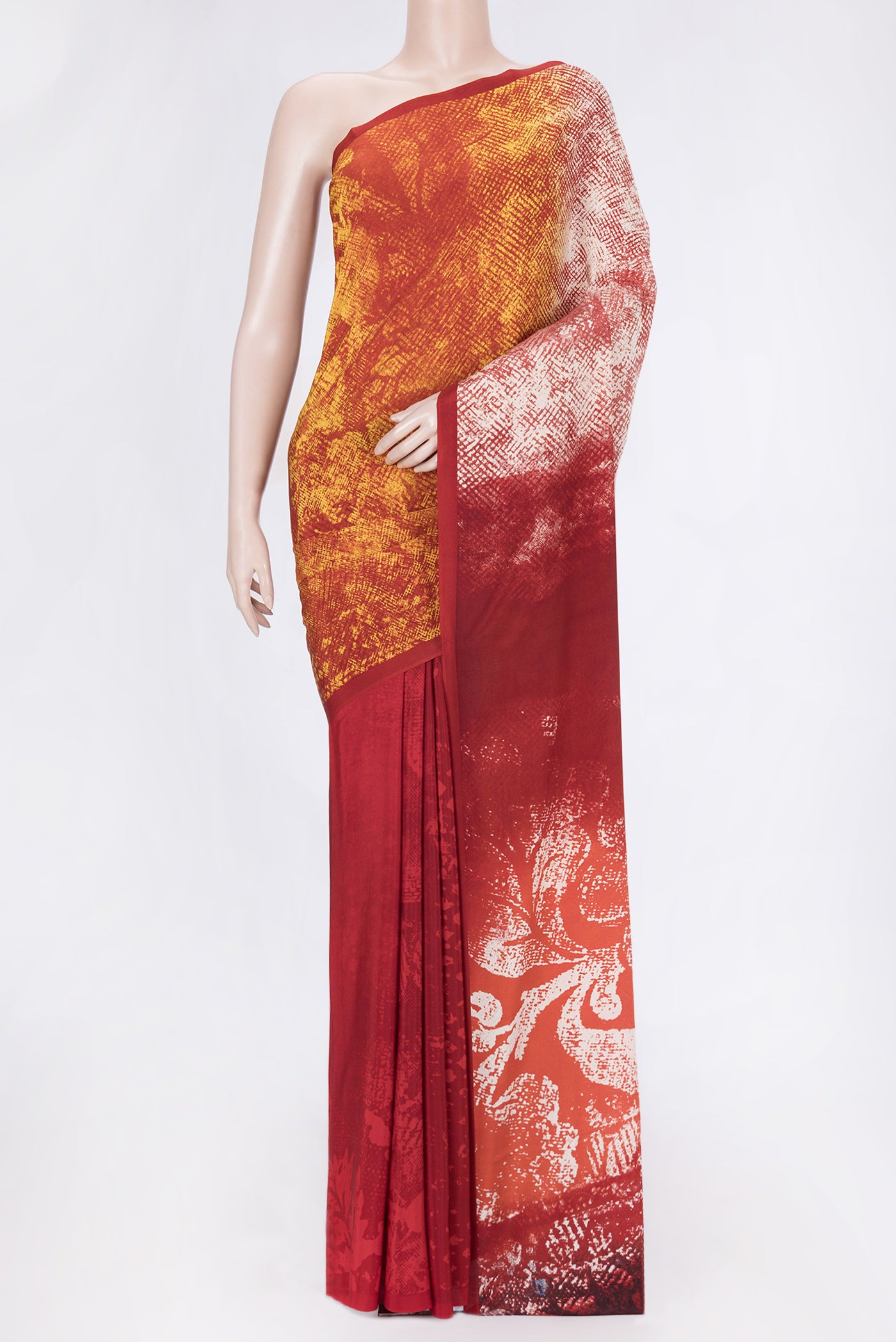 Red Dual Tone Mysore Crepe Saree with Printed design on the body and Without Border.  displayed on a mannequin