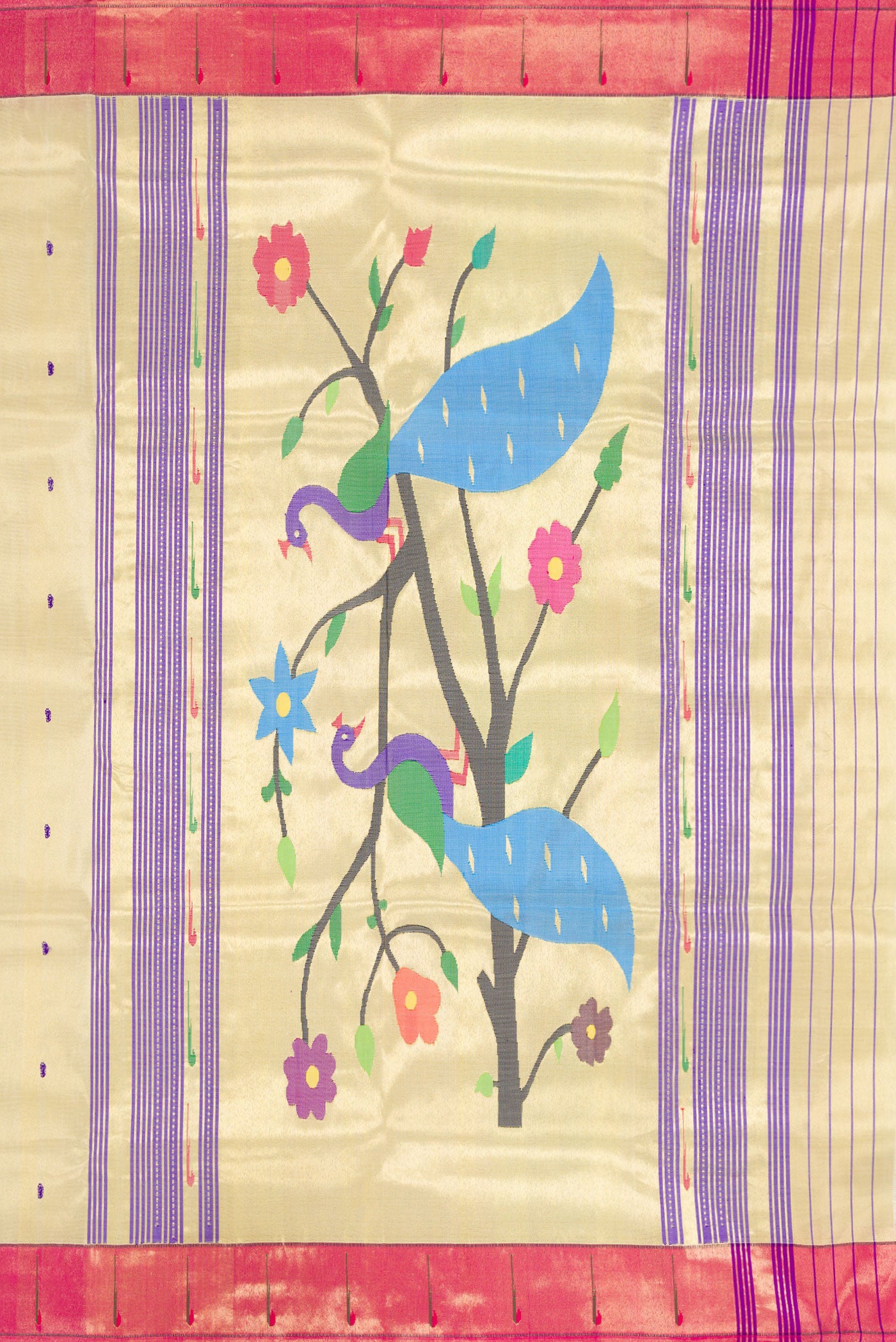 Close up image of the pallu of Gold Dual Tone Paithani Silk Saree with Thread Butta on the body and Paithani Border. 