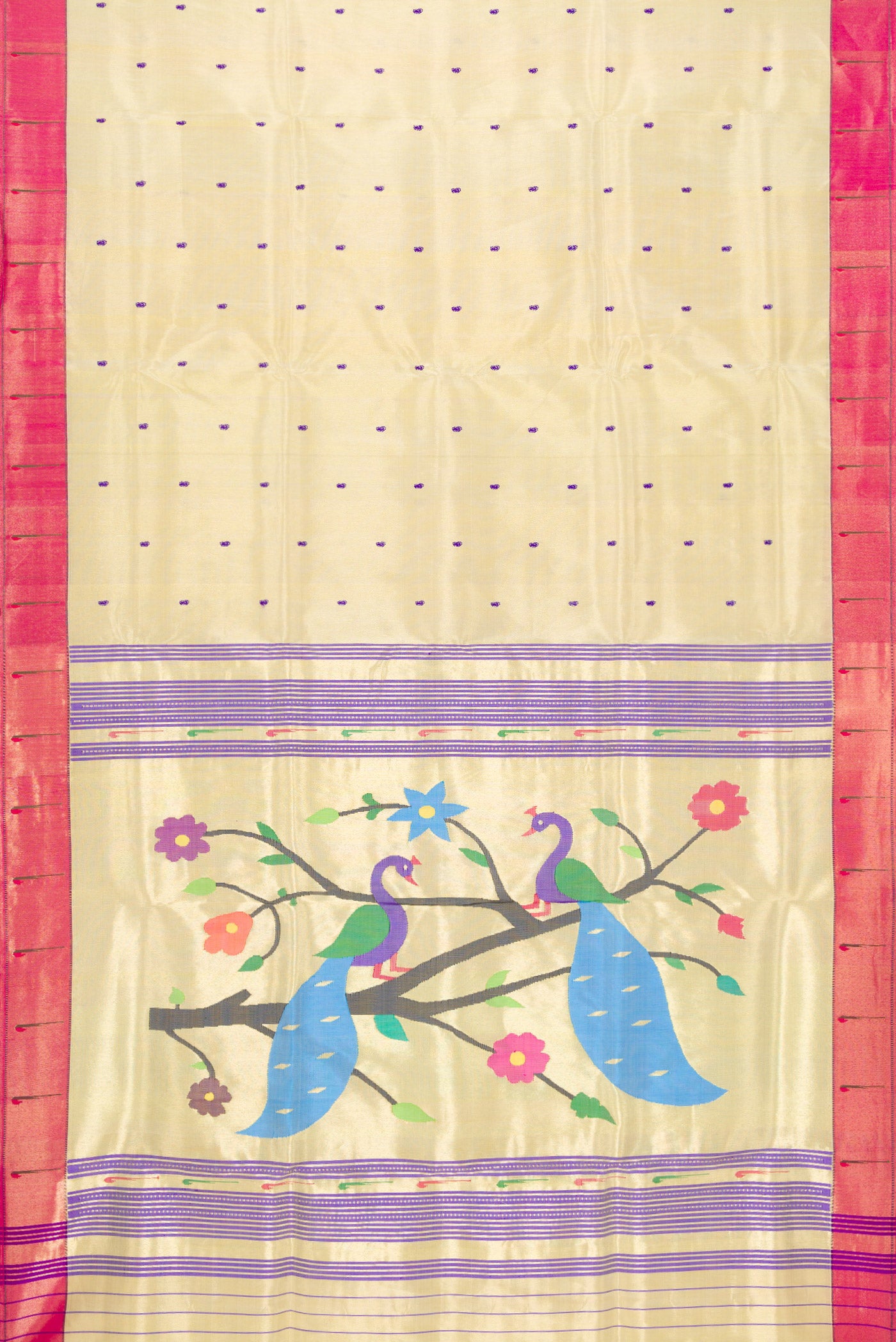 Flat view of Gold Dual Tone Paithani Silk Saree with Thread Butta on the body and Paithani Border. 