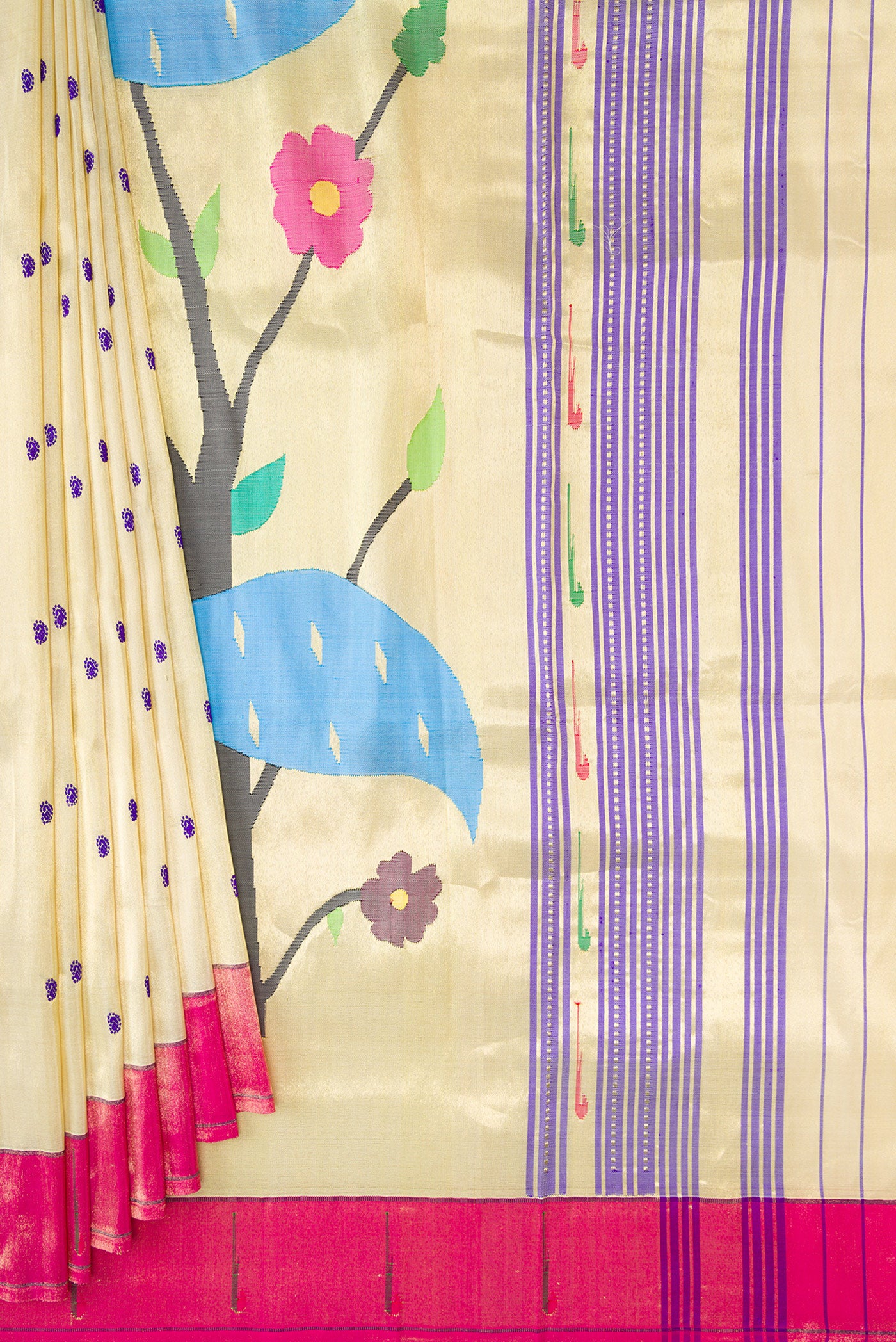 Pleats and pallu of Gold Dual Tone Paithani Silk Saree with Thread Butta on the body and Paithani Border. 