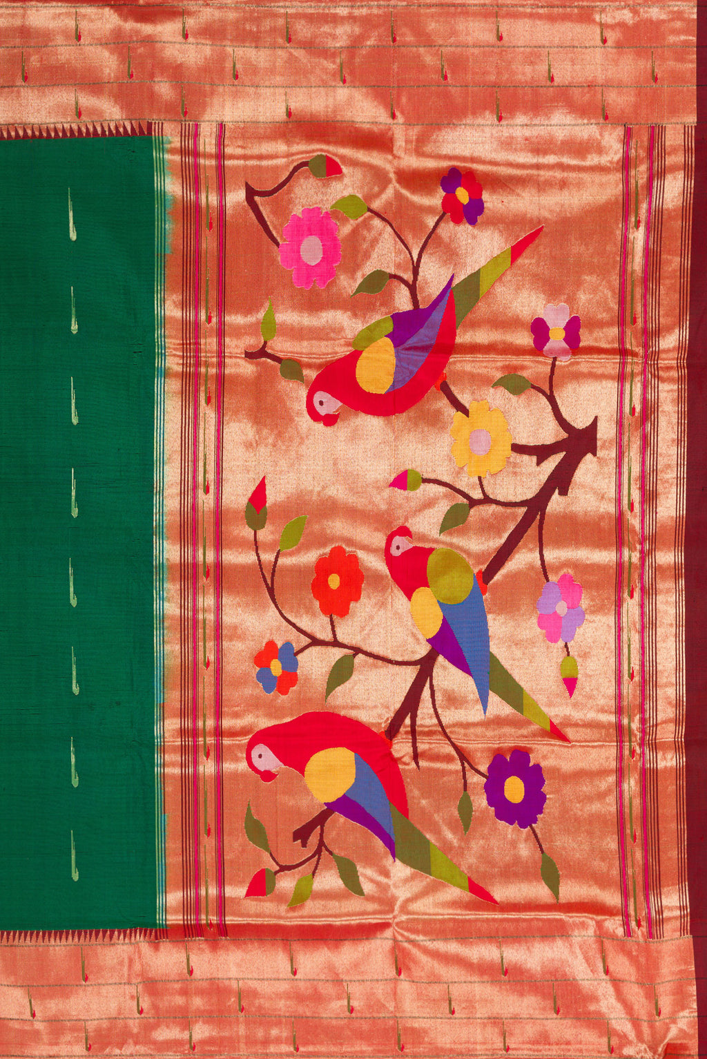 Close up image of the pallu of Bottle Green Paithani Silk Saree with Zari Butta on the body and Paithani Border. 