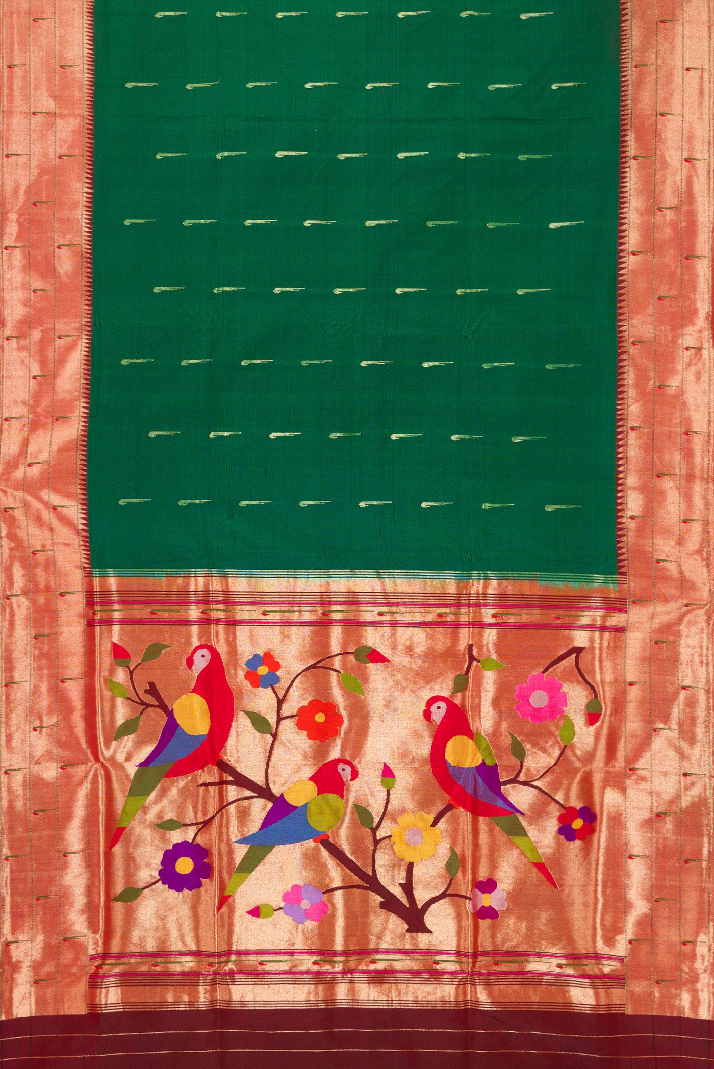 Flat view of Bottle Green Paithani Silk Saree with Zari Butta on the body and Paithani Border. 