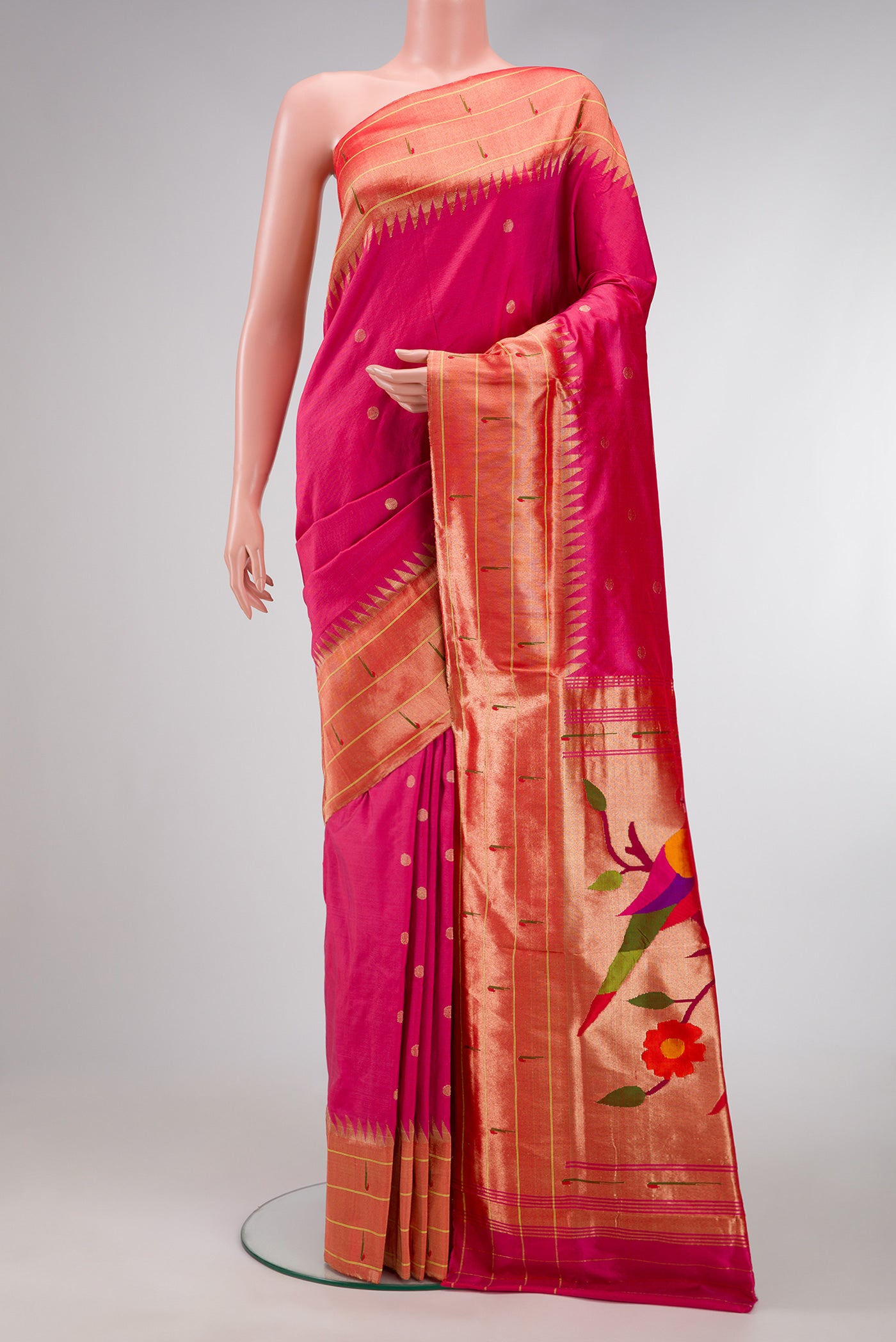 Pink Dual Tone Paithani Silk Saree with Zari Butta on the body and Paithani Border.  displayed on a mannequin