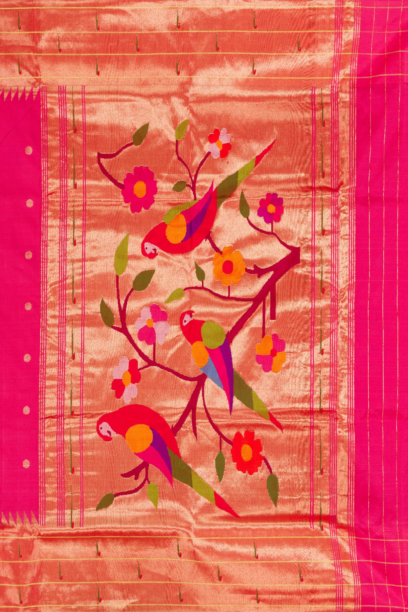 Close up image of the pallu of Pink Dual Tone Paithani Silk Saree with Zari Butta on the body and Paithani Border. 