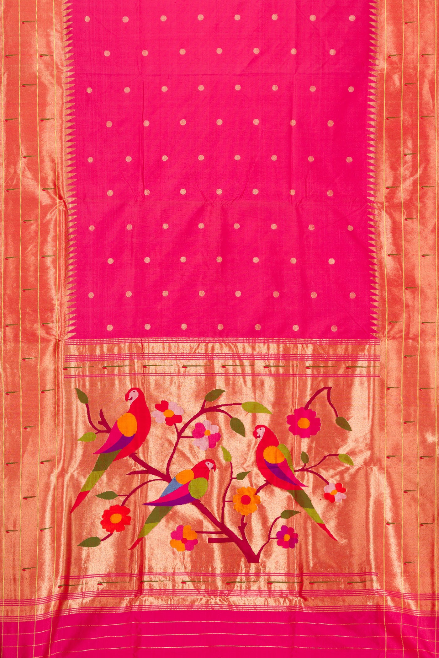 Flat view of Pink Dual Tone Paithani Silk Saree with Zari Butta on the body and Paithani Border. 