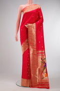 Red Dual Tone Paithani Silk Saree with Zari Butta on the body and Paithani Border.  displayed on a mannequin