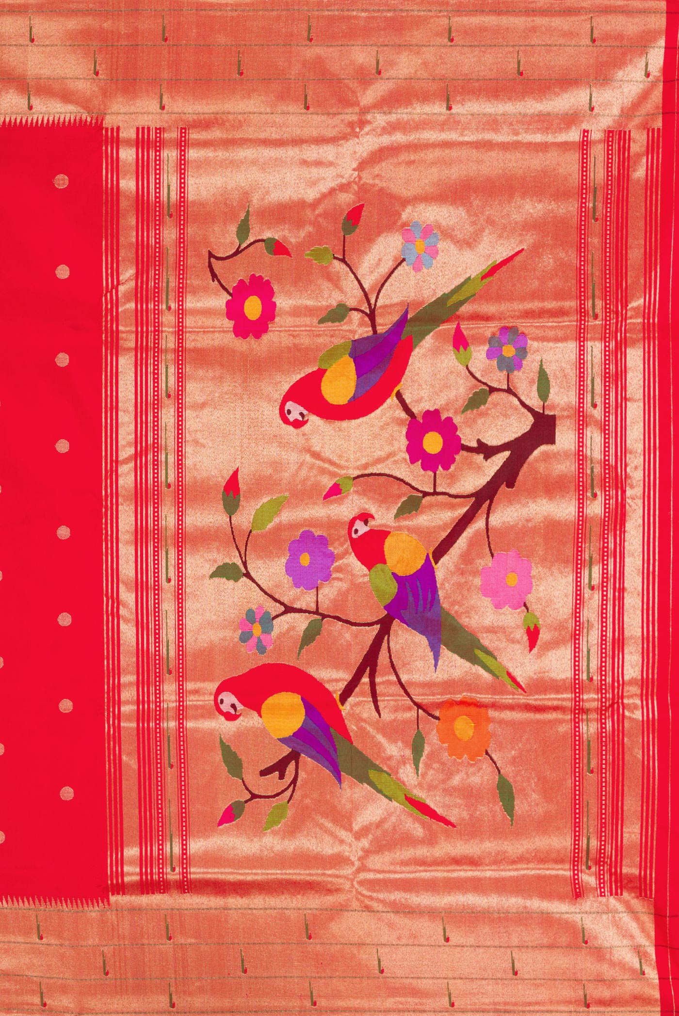Close up image of the pallu of Red Dual Tone Paithani Silk Saree with Zari Butta on the body and Paithani Border. 