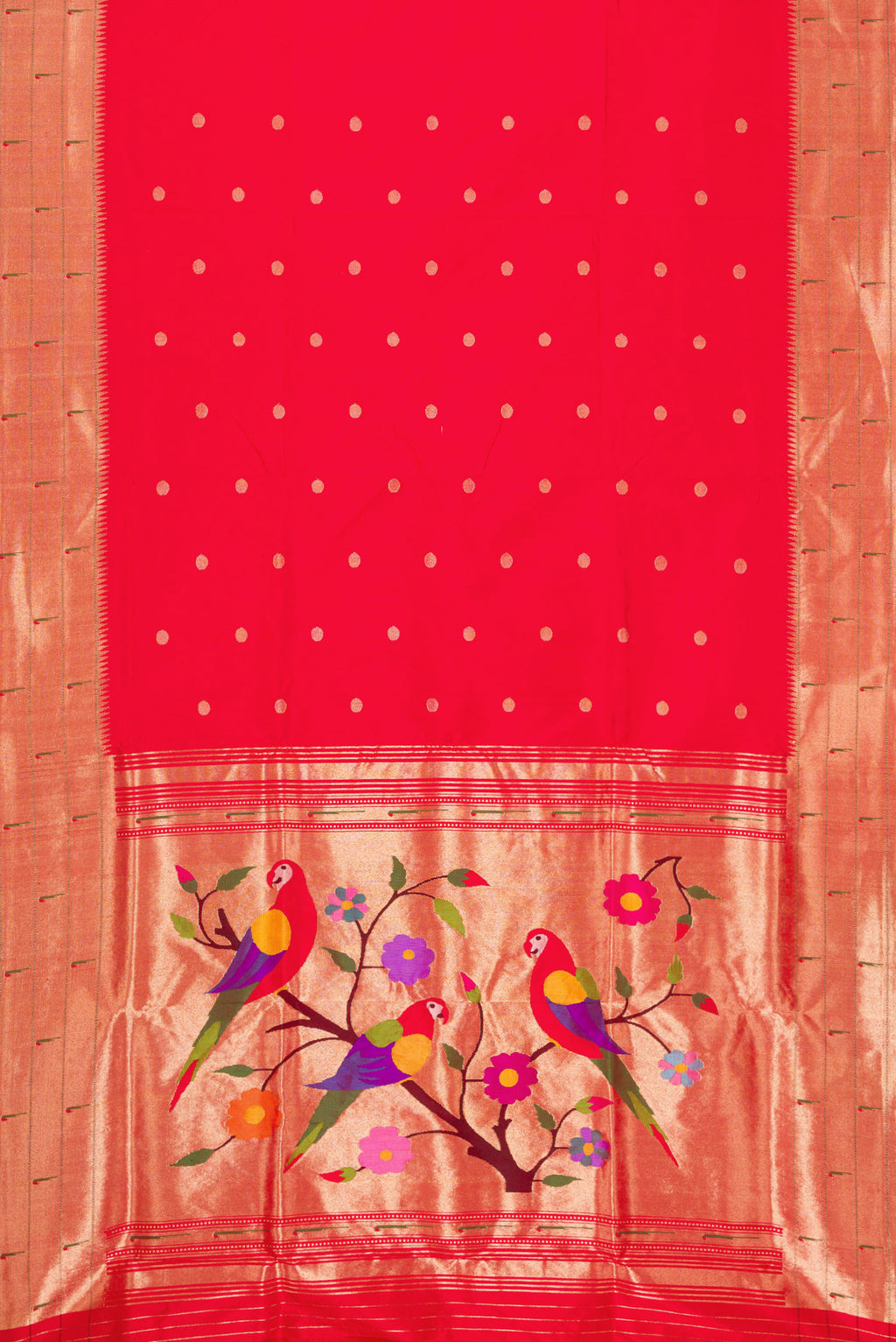 Flat view of Red Dual Tone Paithani Silk Saree with Zari Butta on the body and Paithani Border. 