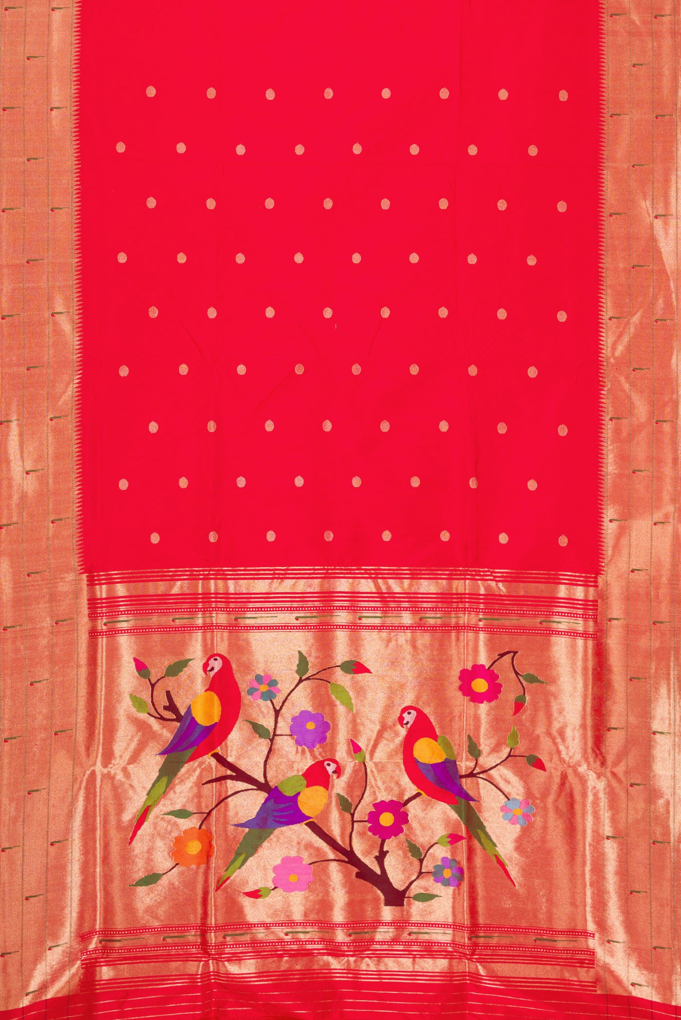 Flat view of Red Dual Tone Paithani Silk Saree with Zari Butta on the body and Paithani Border. 