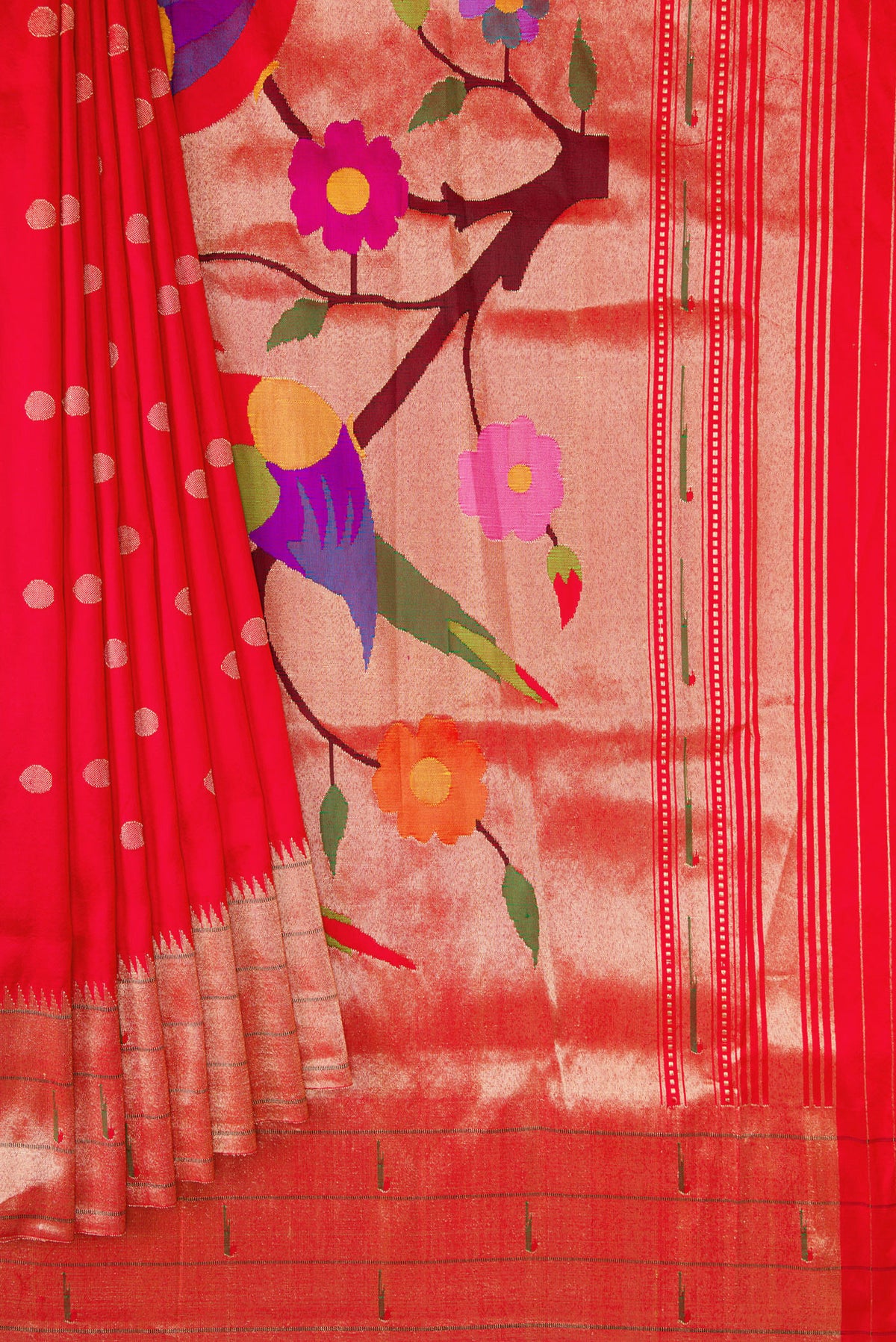 Pleats and pallu of Red Dual Tone Paithani Silk Saree with Zari Butta on the body and Paithani Border. 