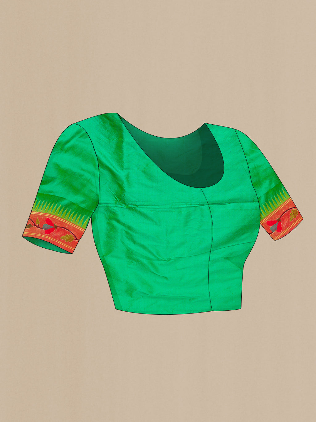Close up image of the blouse of Light Green Paithani Silk Saree with Zari Butta on the body and Paithani Border. 