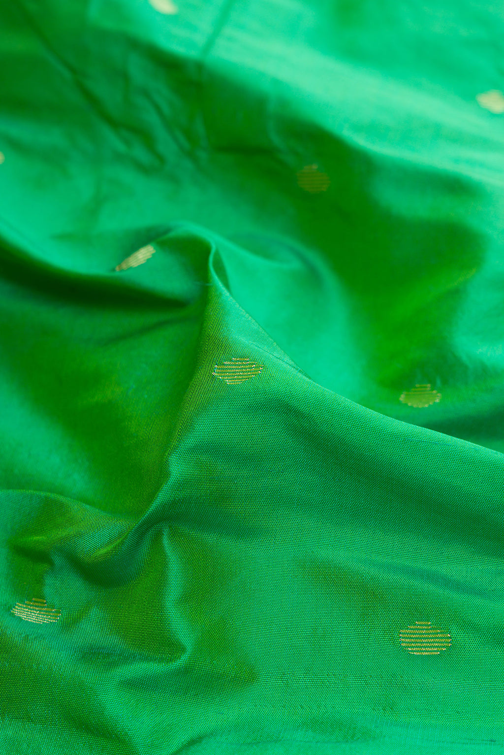 Close up of Light Green Paithani Silk Saree with Zari Butta on the body and Paithani Border.  displaying folds
