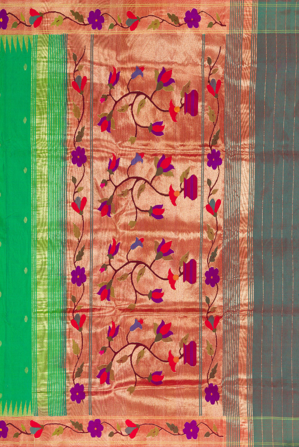 Close up image of the pallu of Light Green Paithani Silk Saree with Zari Butta on the body and Paithani Border. 