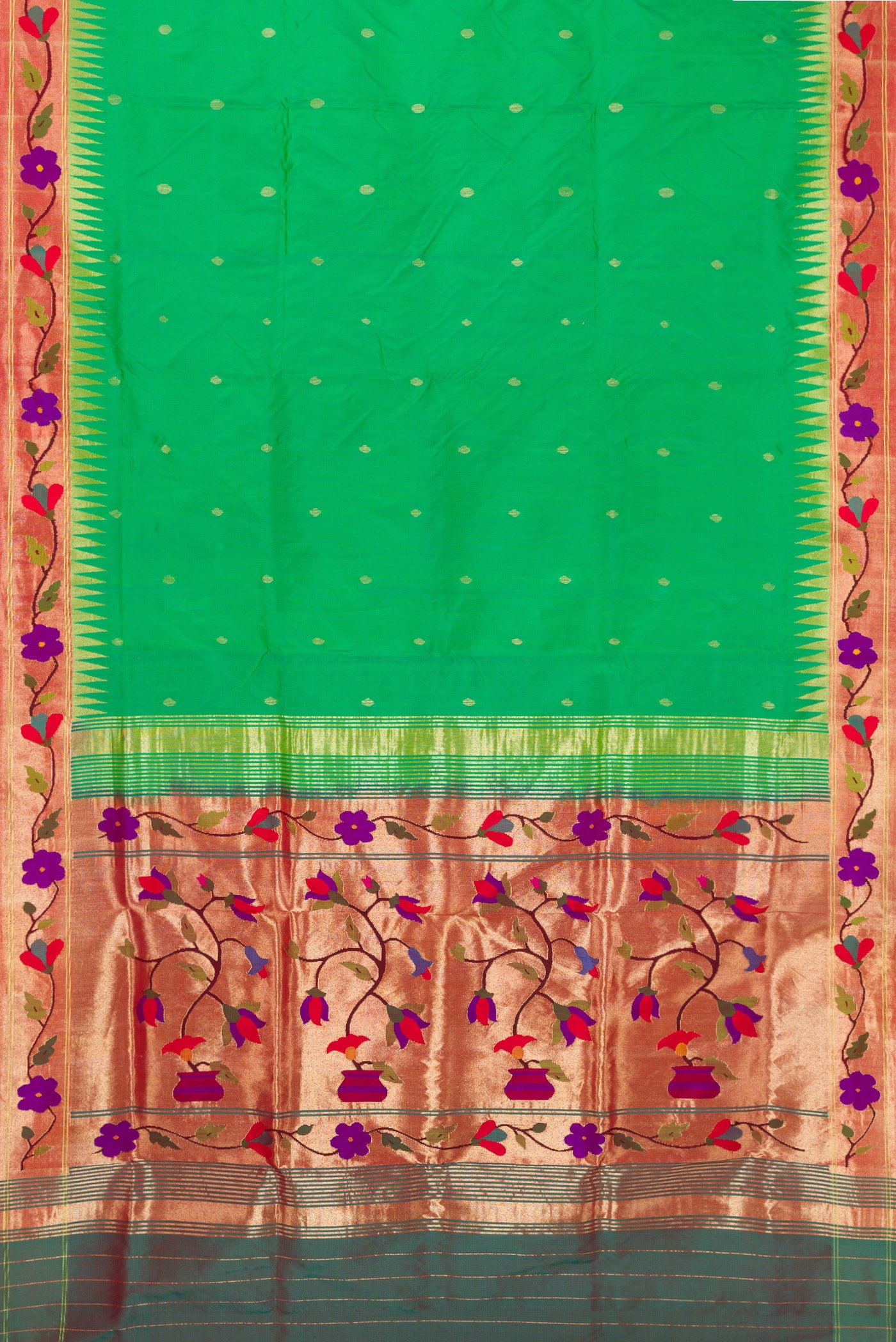 Flat view of Light Green Paithani Silk Saree with Zari Butta on the body and Paithani Border. 