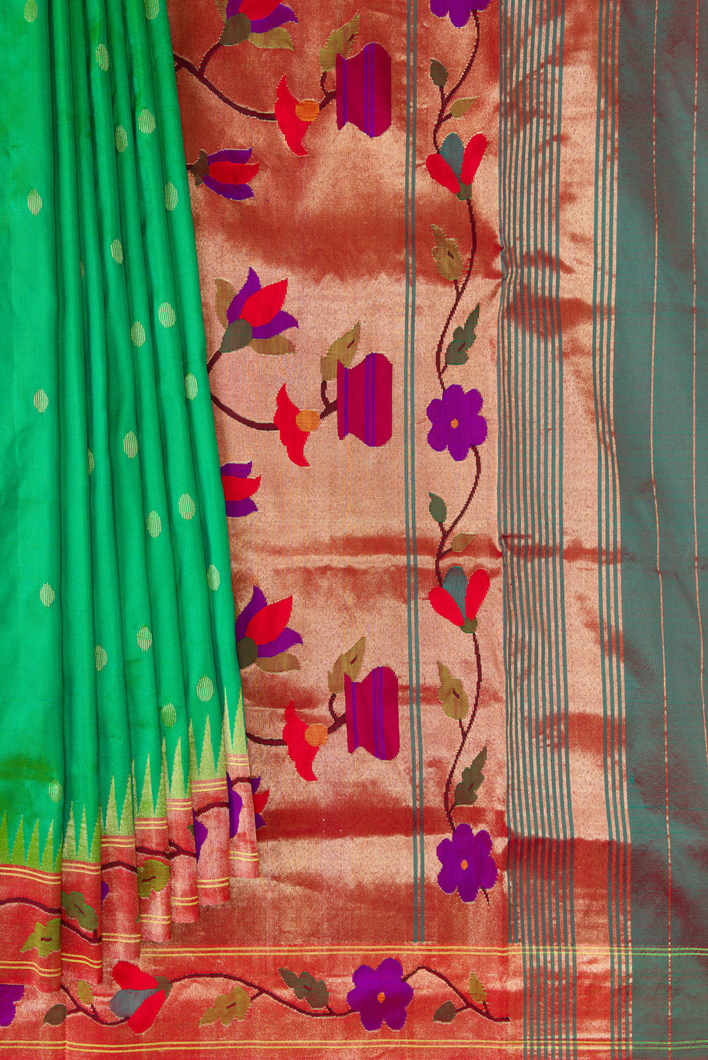 Pleats and pallu of Light Green Paithani Silk Saree with Zari Butta on the body and Paithani Border. 